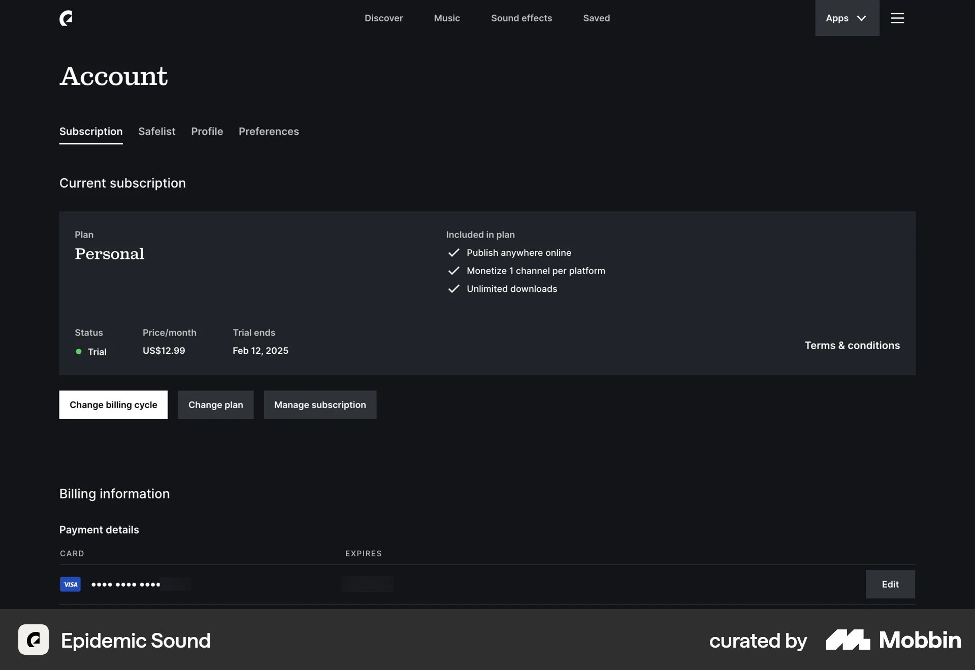 Epidemic Sound Web Billing screen