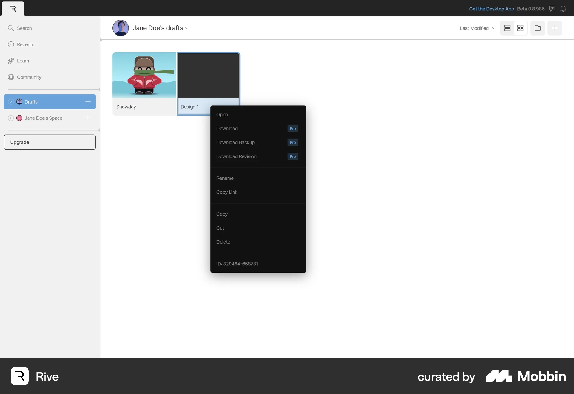 Rive Web screen containing Context Menu UI element