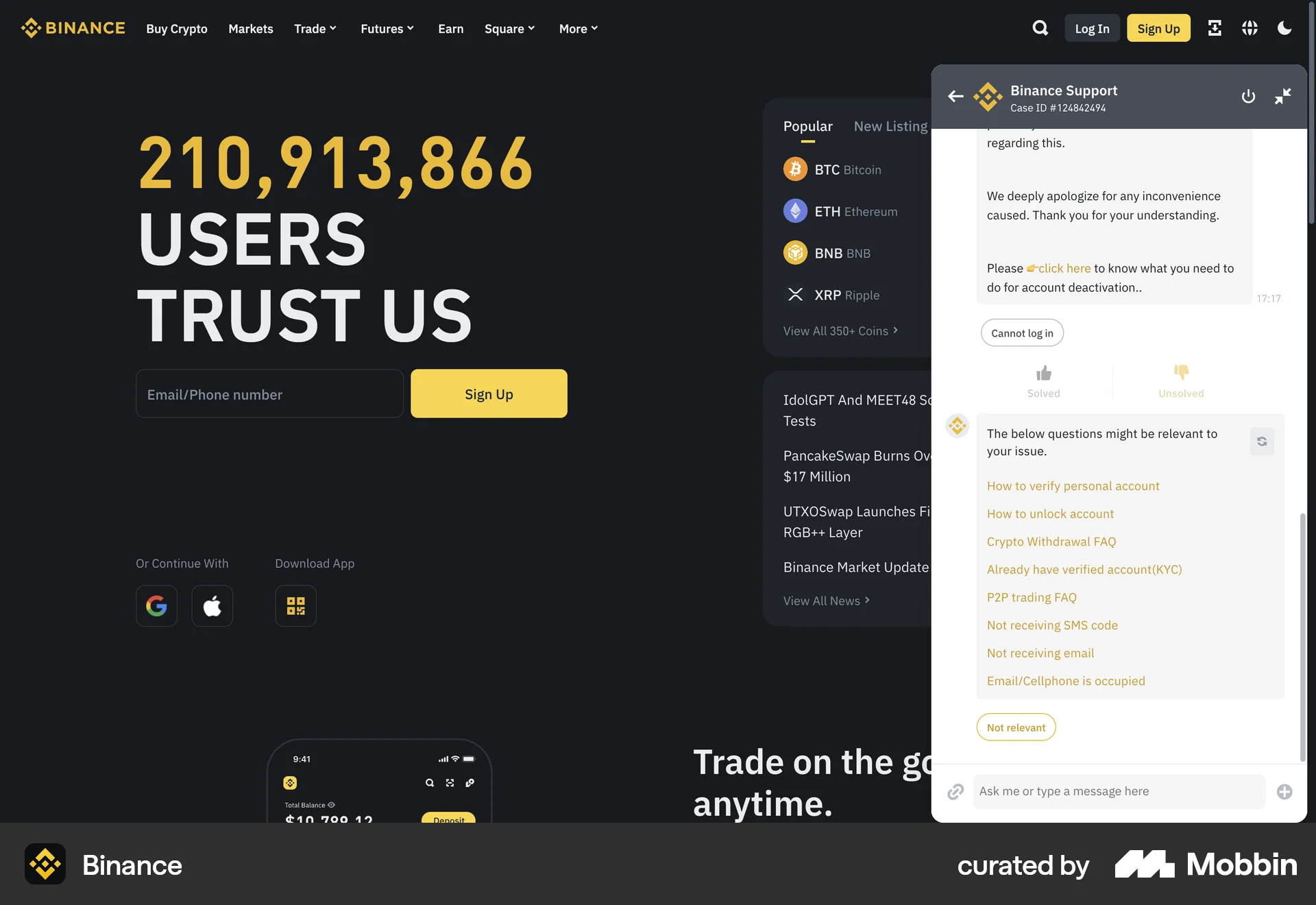 Binance Web Feedback screen
