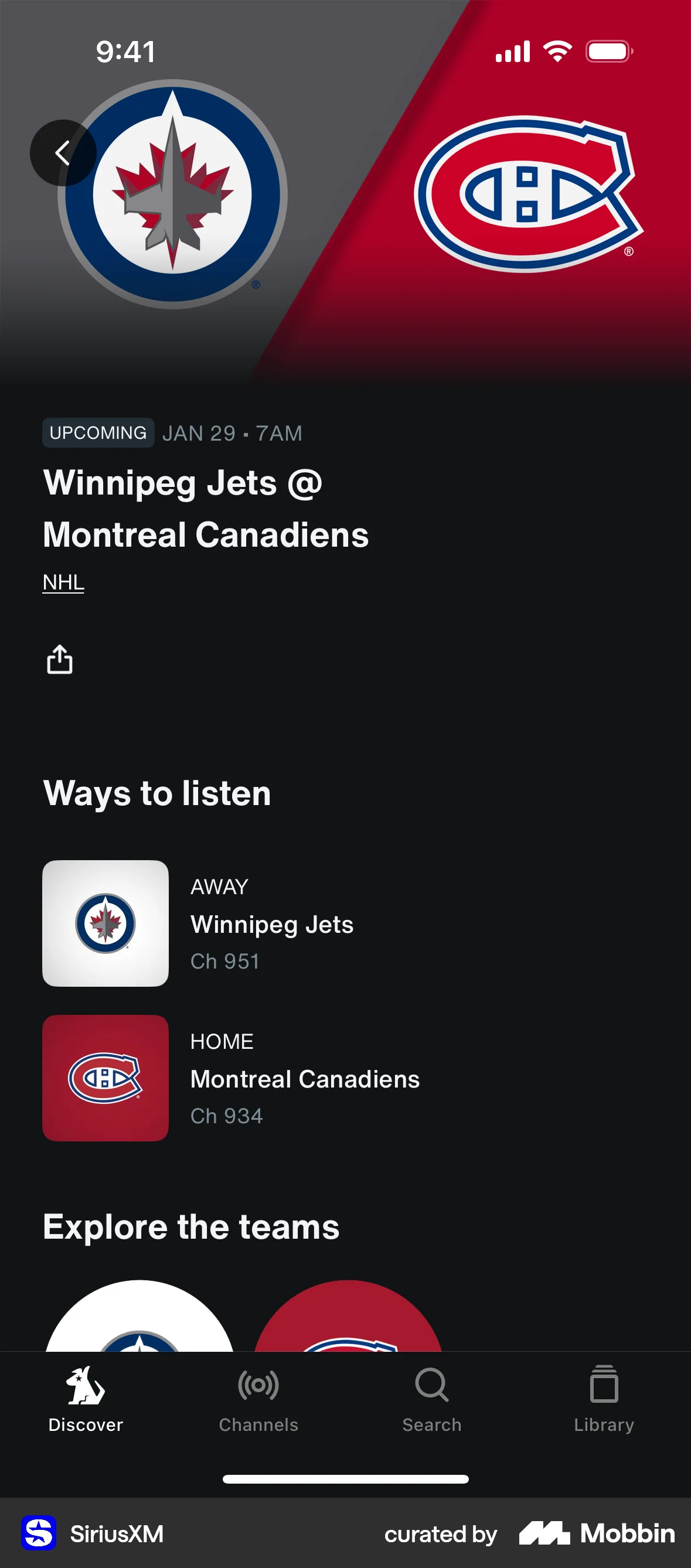 SiriusXM iOS Event Detail screen
