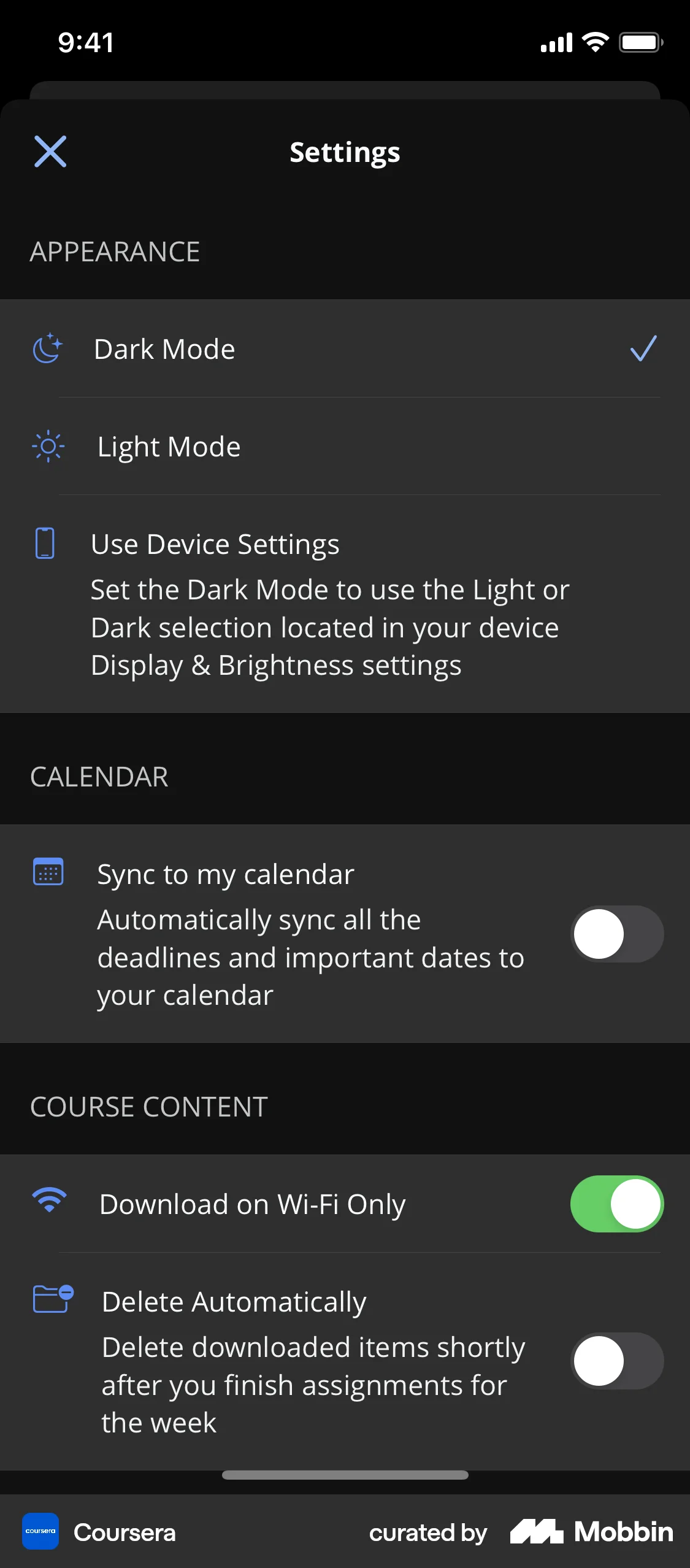Coursera iOS Dark Mode screen