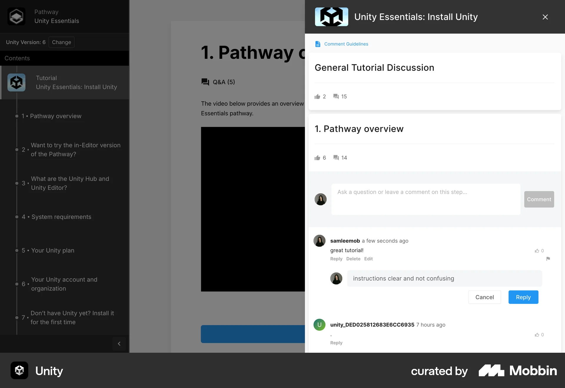 Unity Web Comments screen