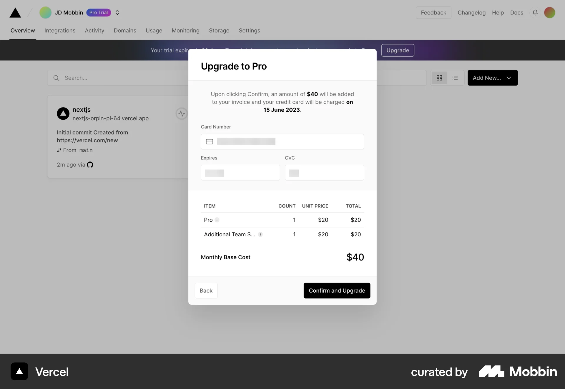 Vercel Web Payment Method screen