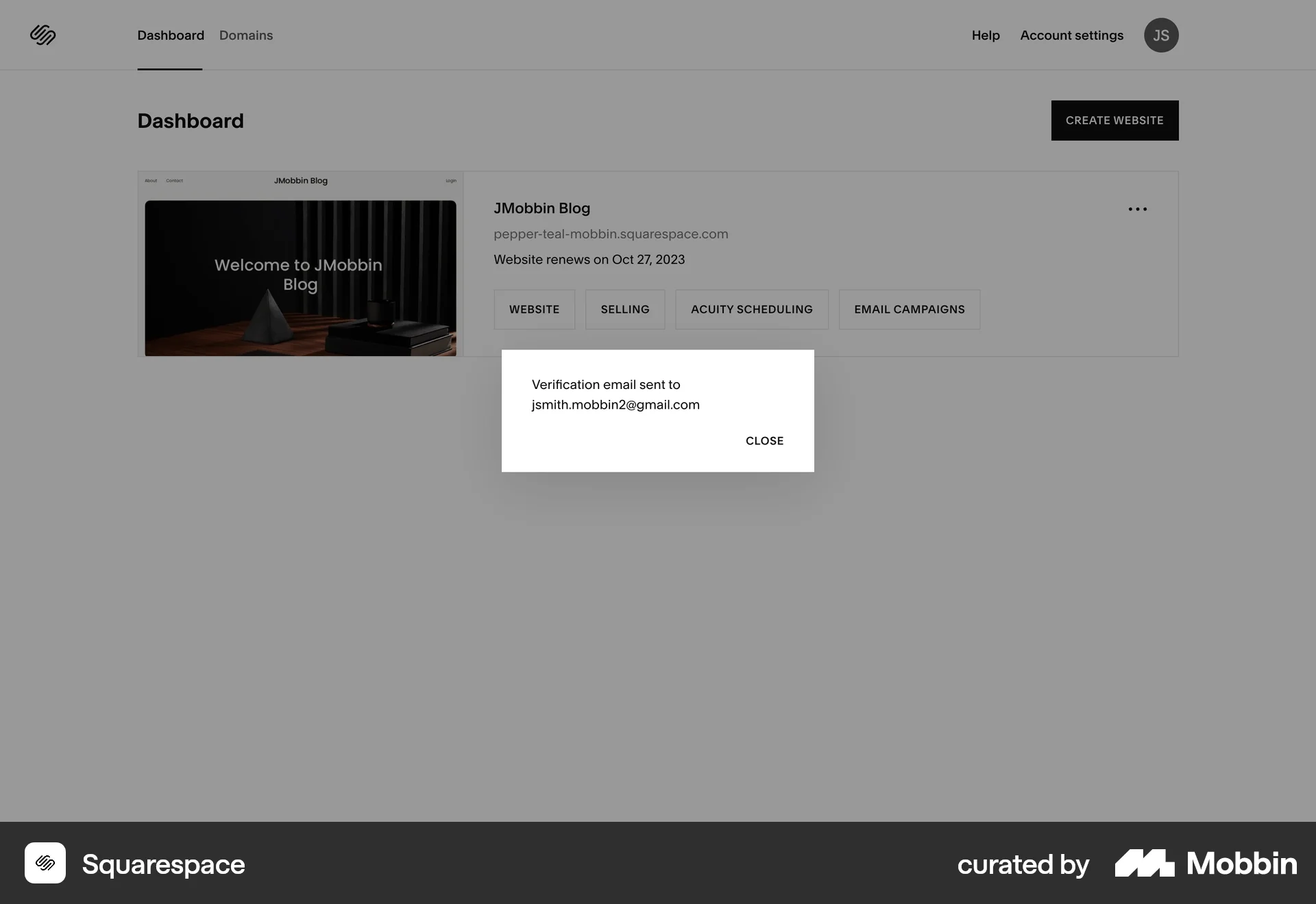 Squarespace Web Verification screen