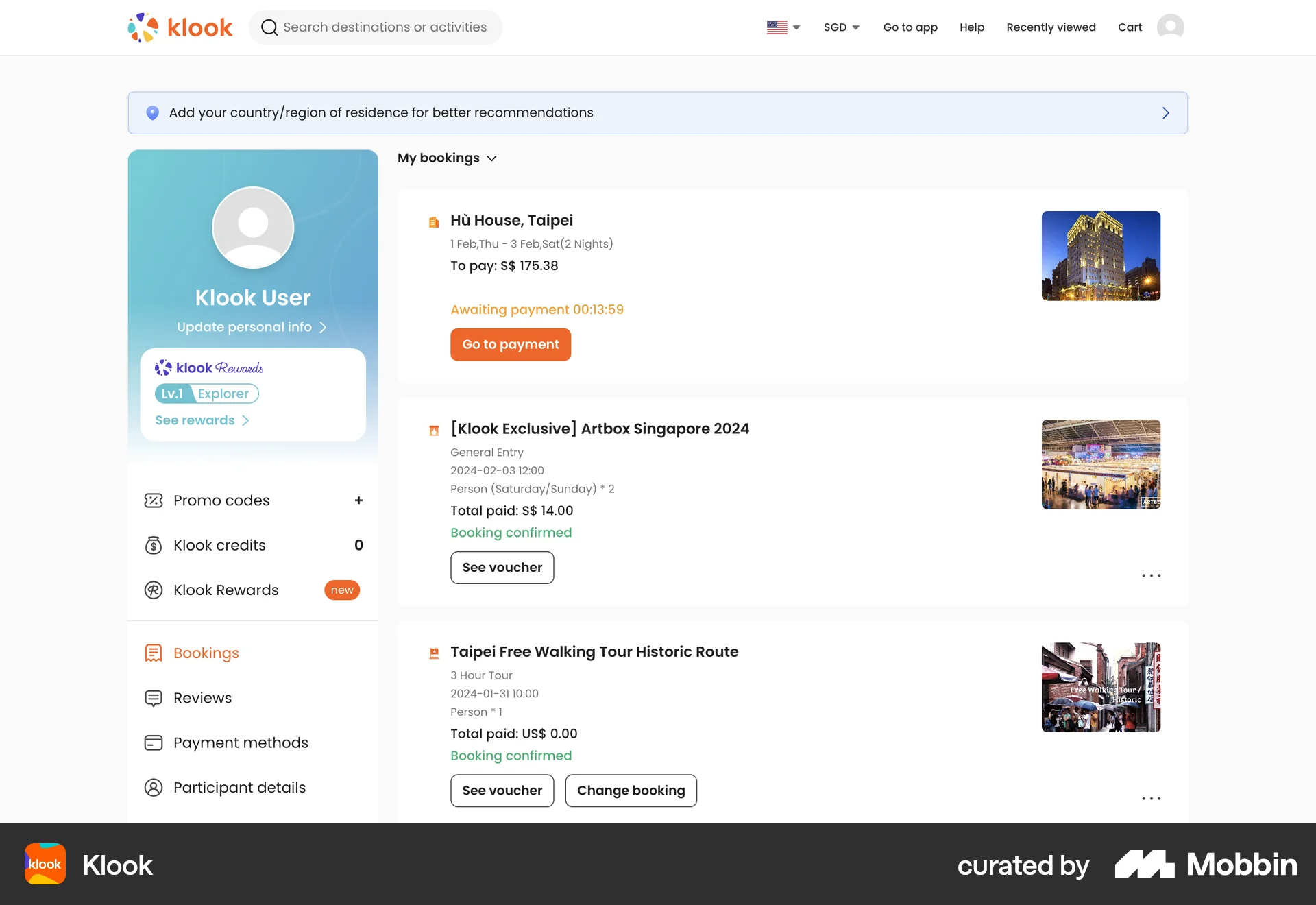 Klook Web Order History screen