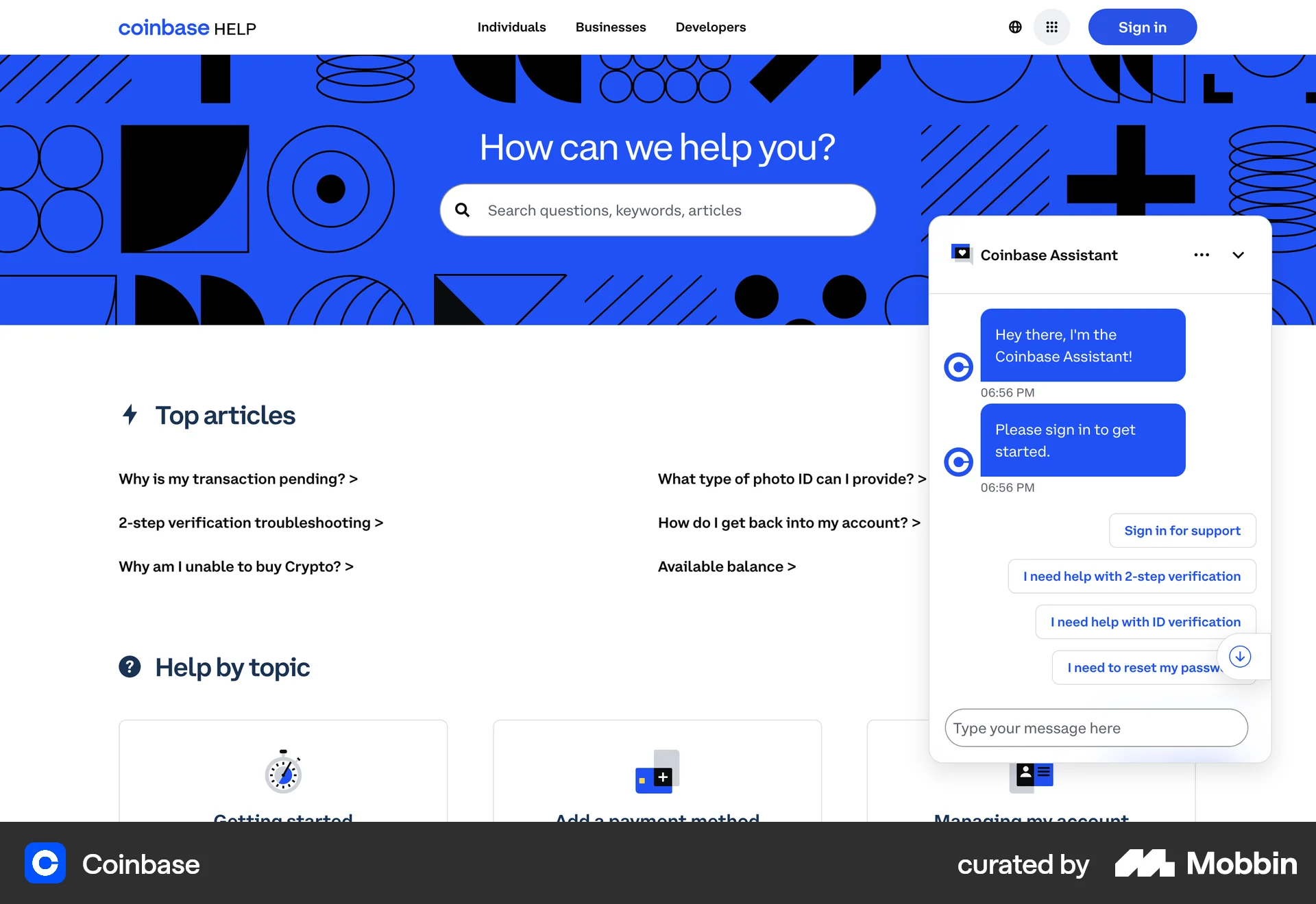 Coinbase Web Chat Bot screen