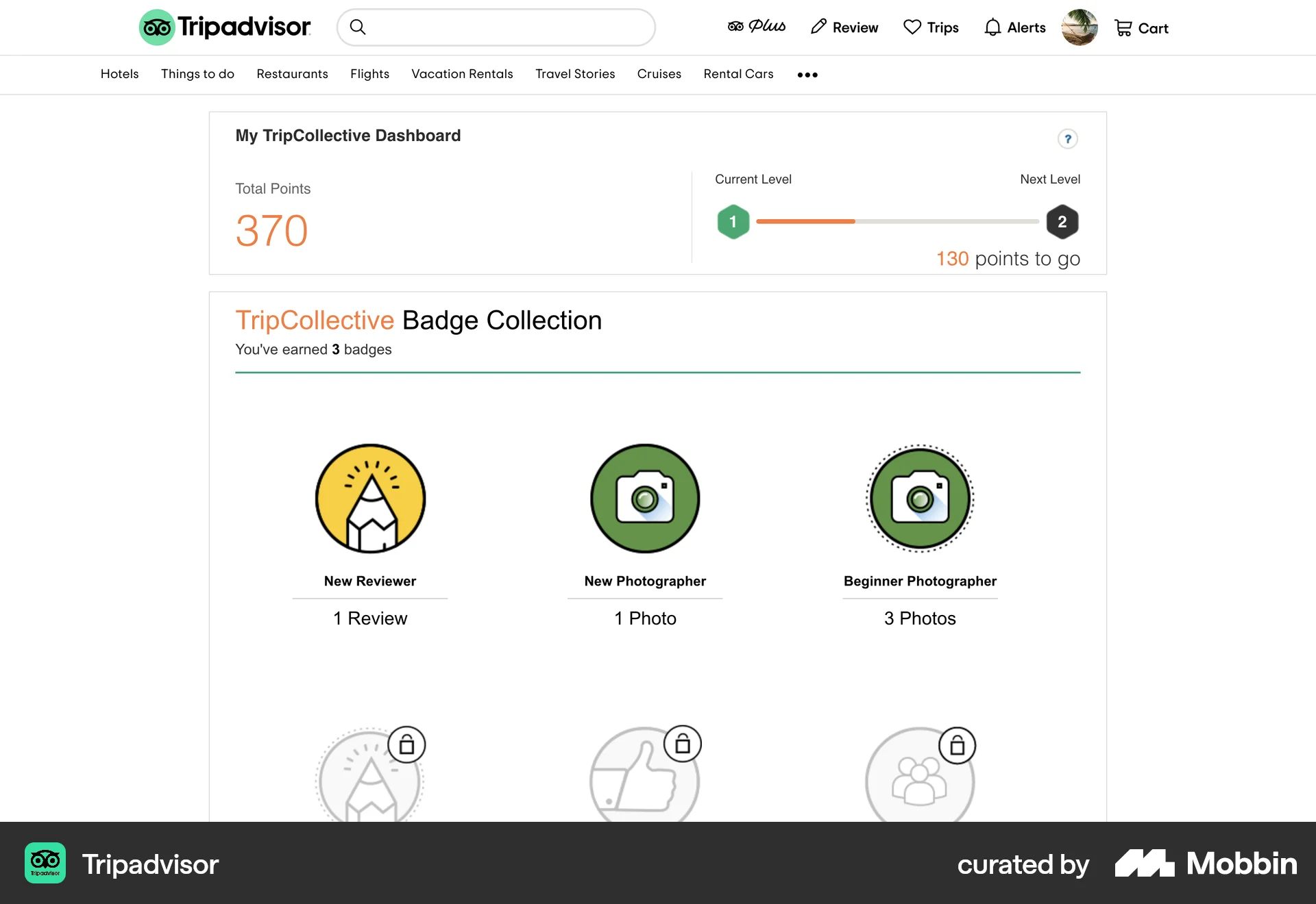 Tripadvisor Web Achievements & Awards screen