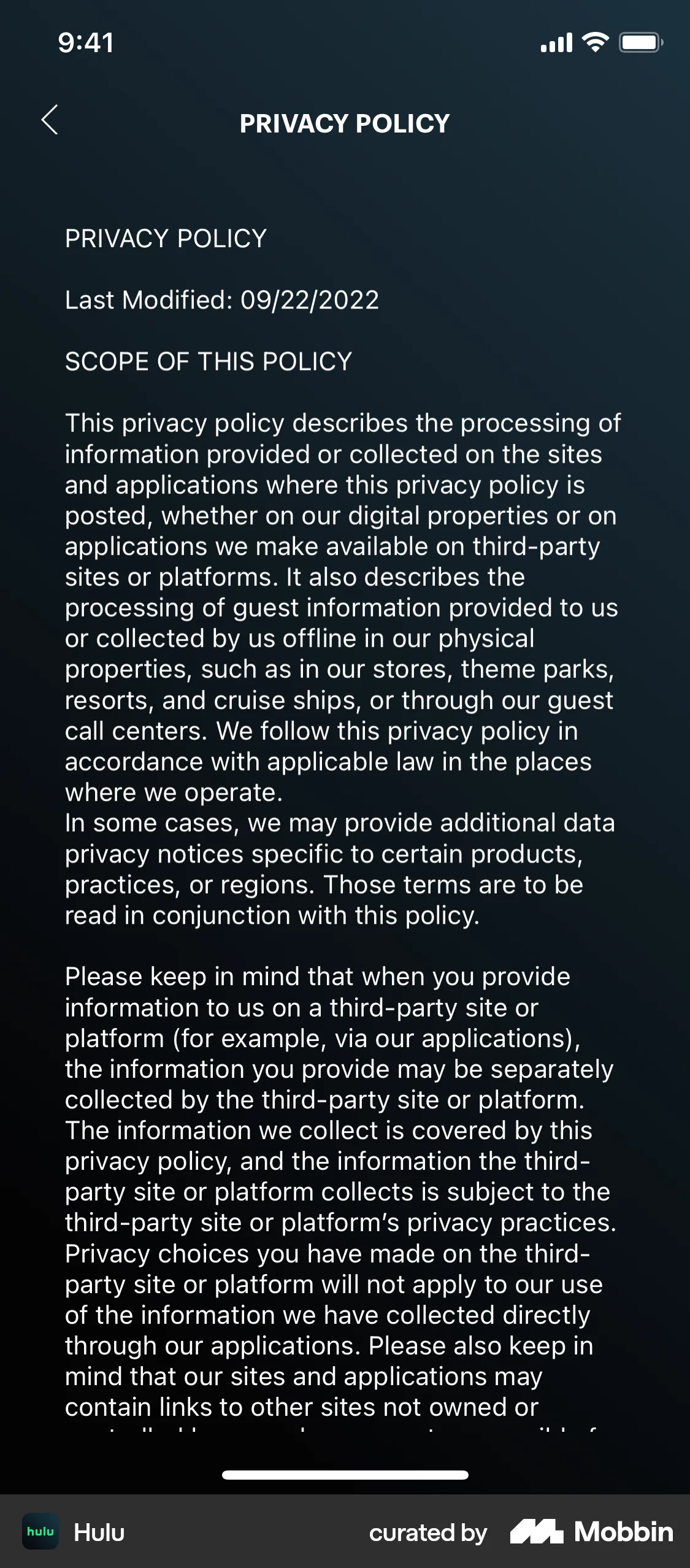 Hulu iOS Privacy Policy screen