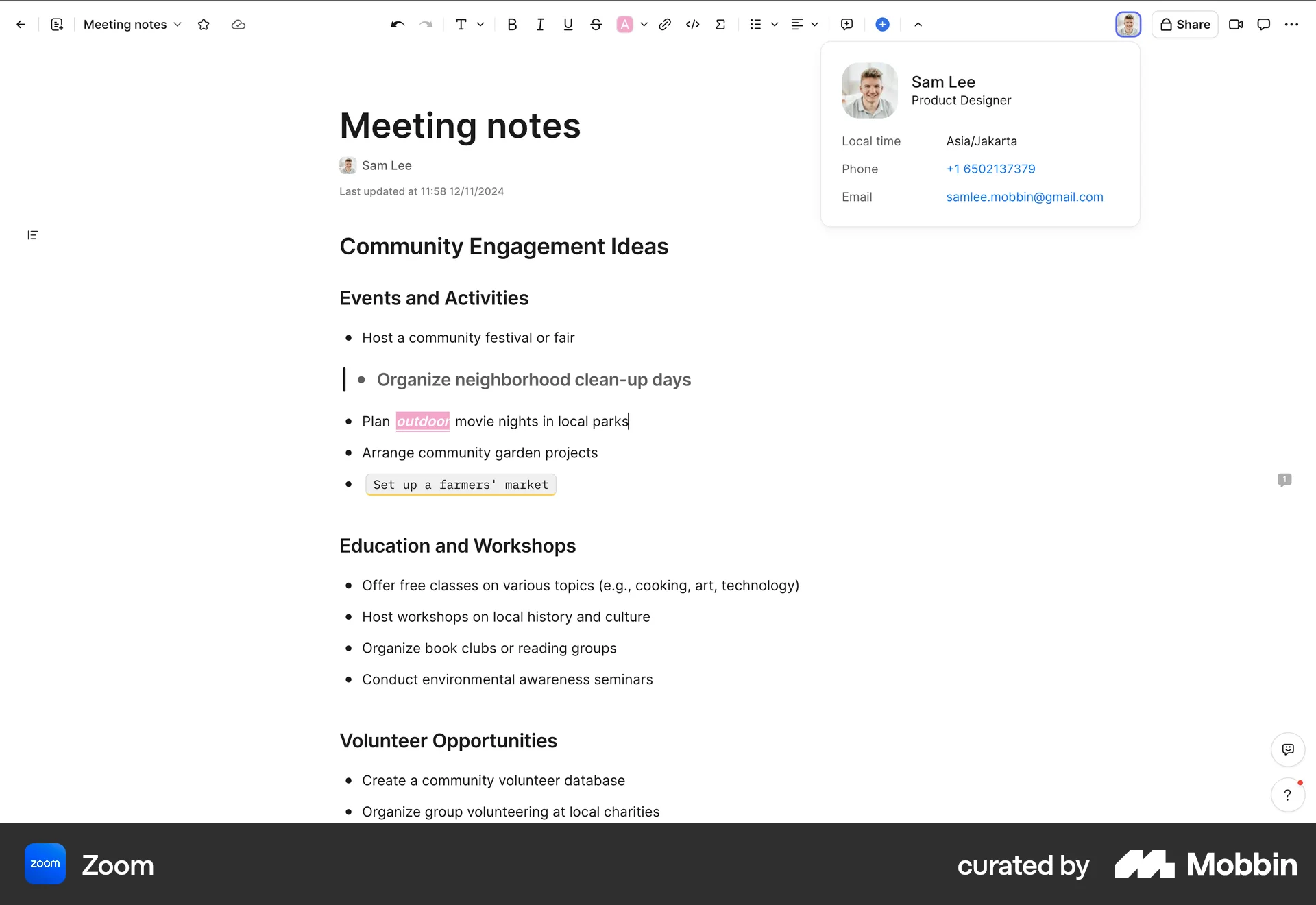 Zoom Web Note Detail screen