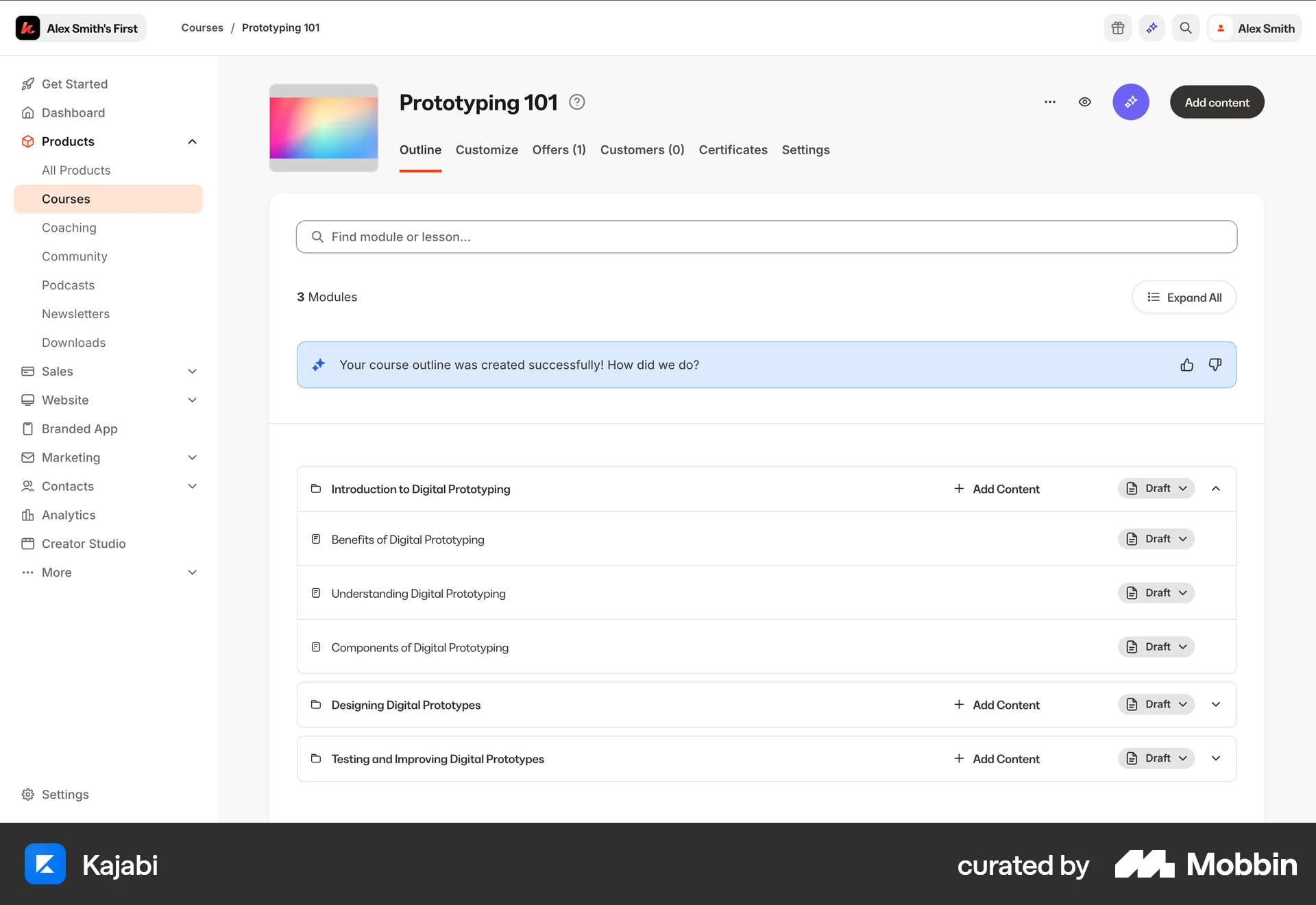 Kajabi Web screen containing Tree UI element