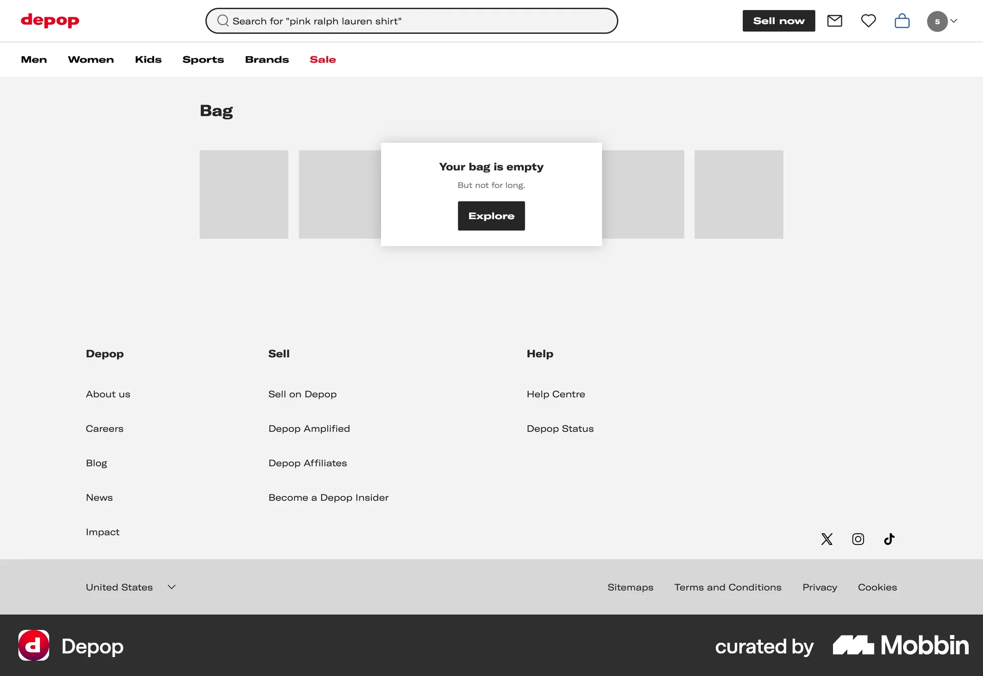 Depop Web Empty State screen