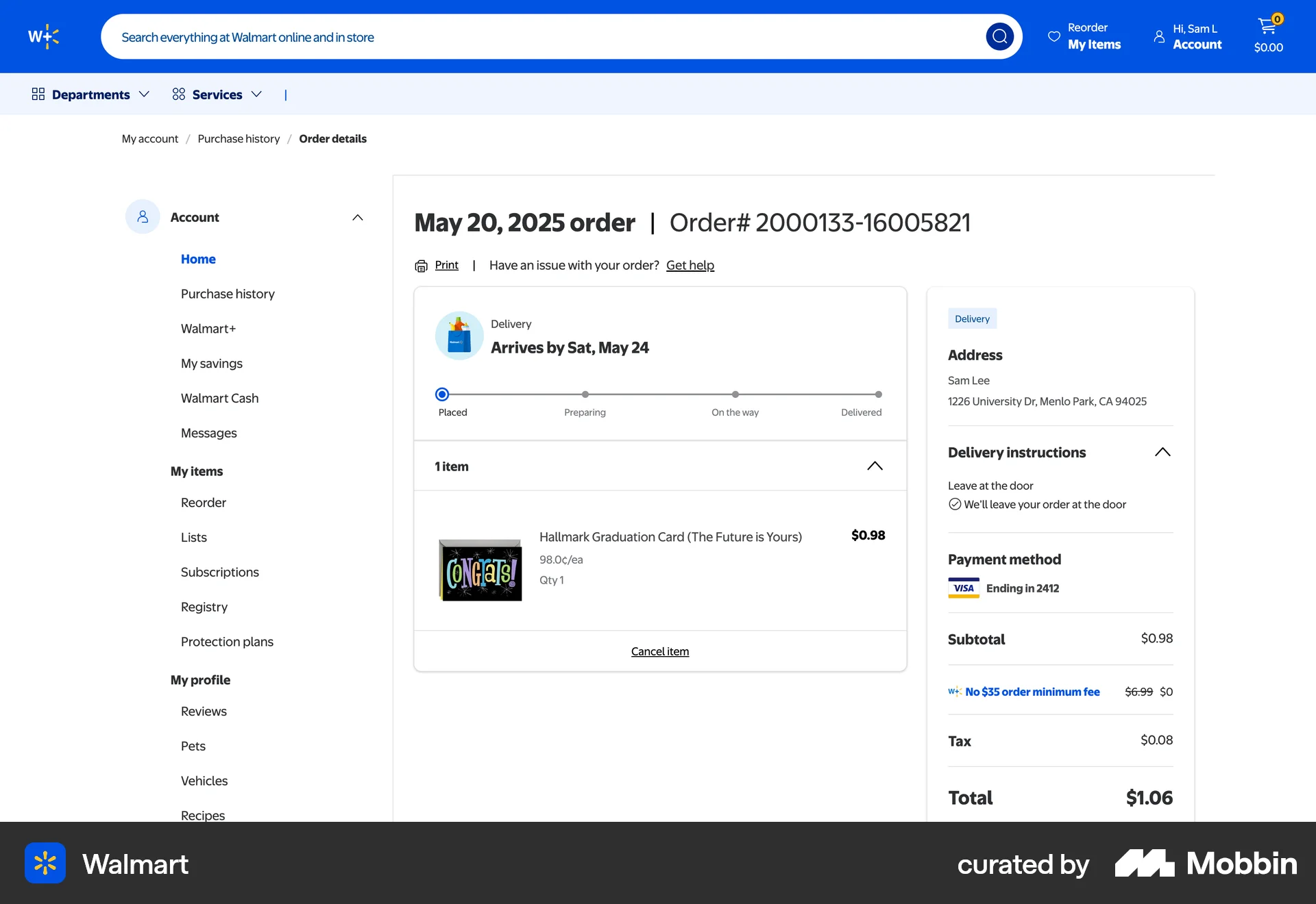 Walmart Web Order Detail screen