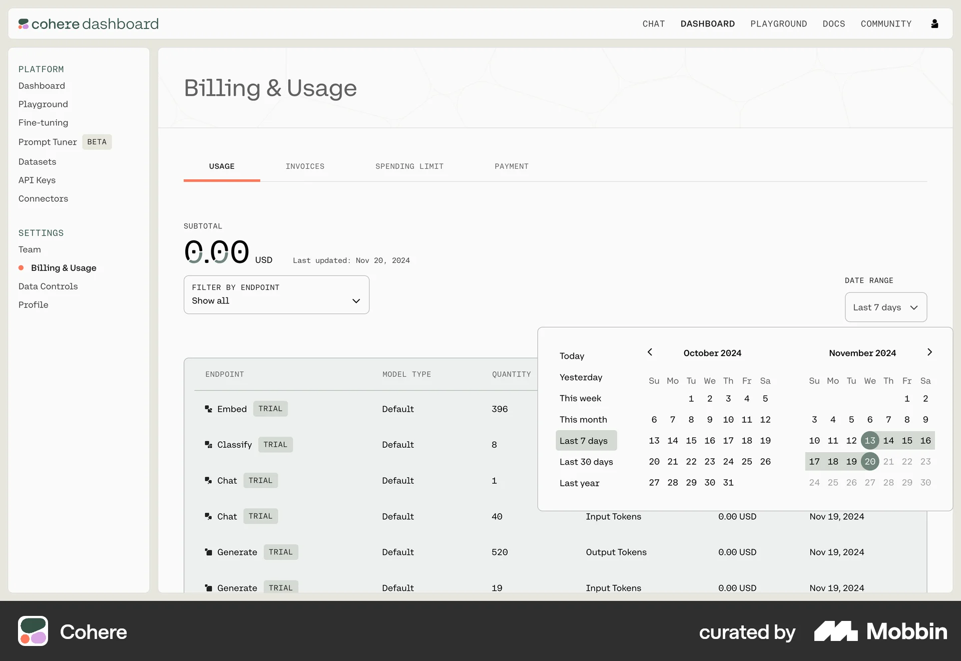 Cohere Web screen containing Date Picker UI element