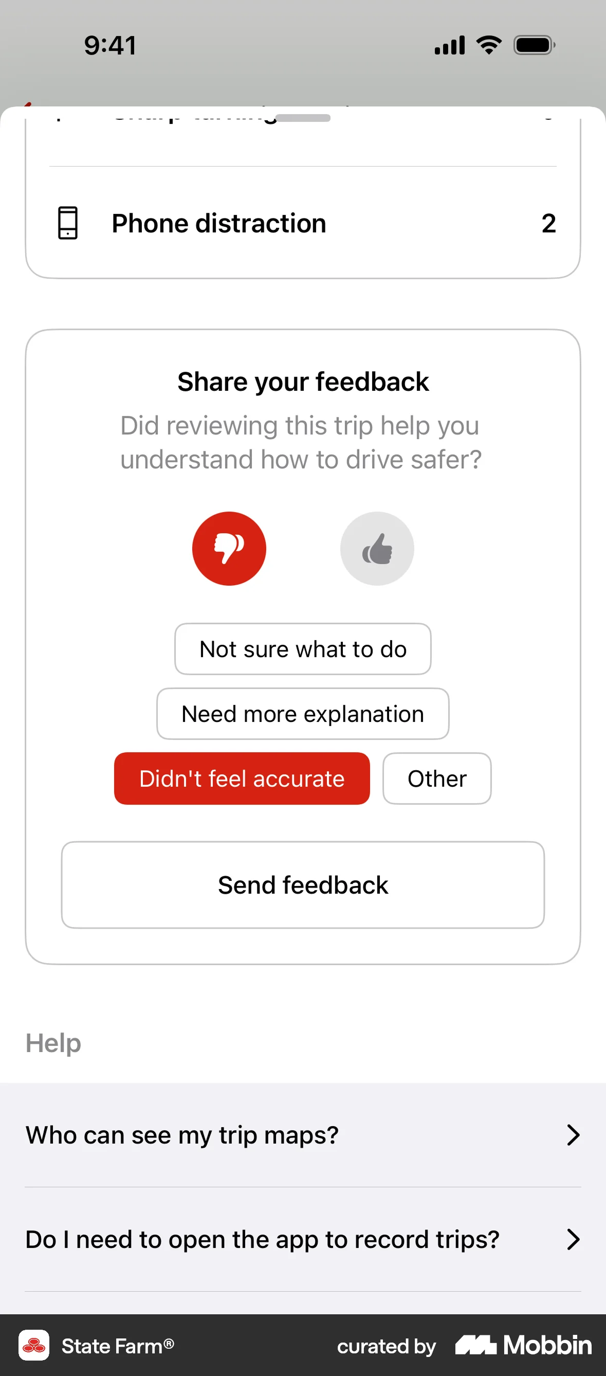 State Farm iOS Feedback screen