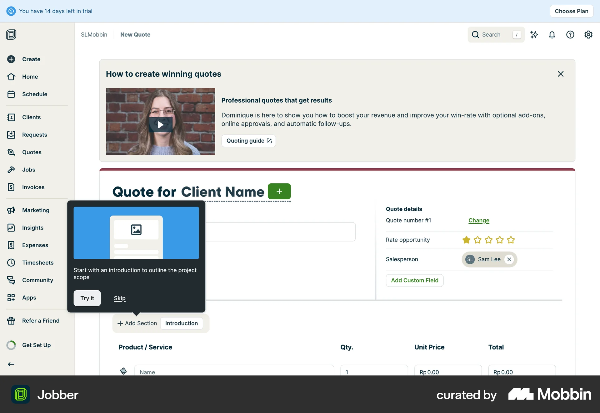 Jobber Web Guided Tour & Tutorial screen