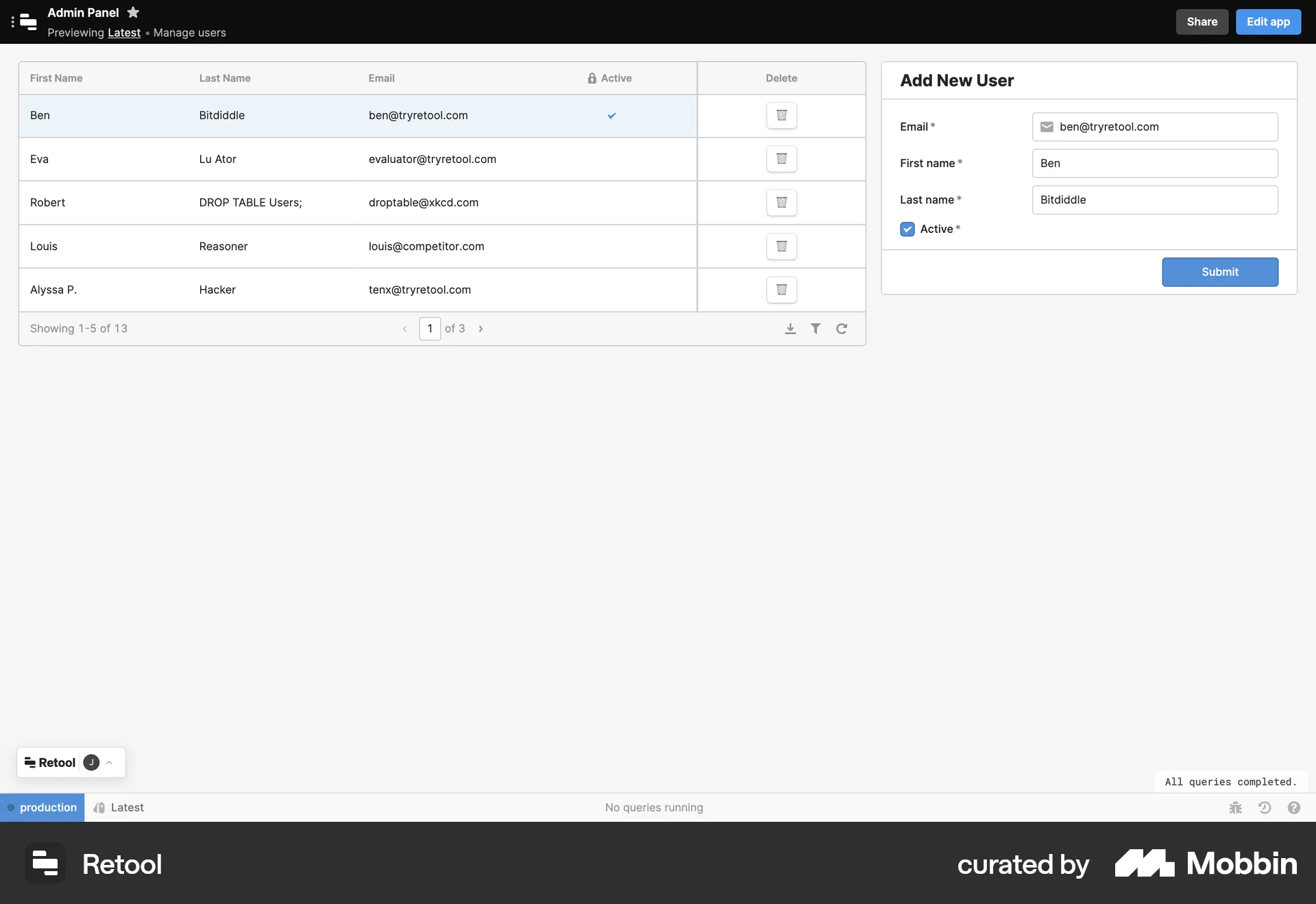 Retool Web screen containing Floating Action Button UI element