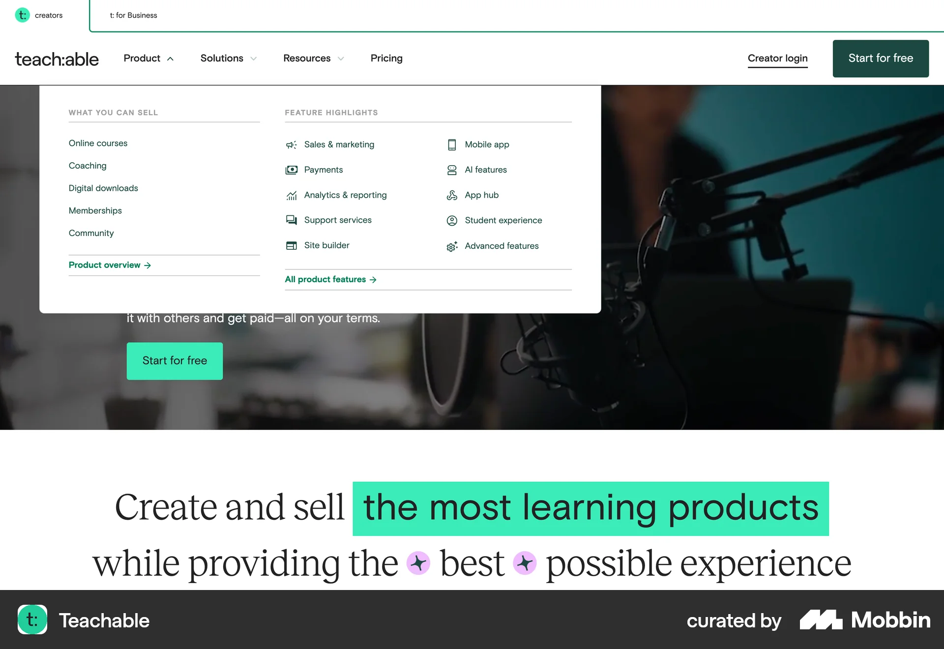 Teachable Web screen containing Navigation Menu UI element
