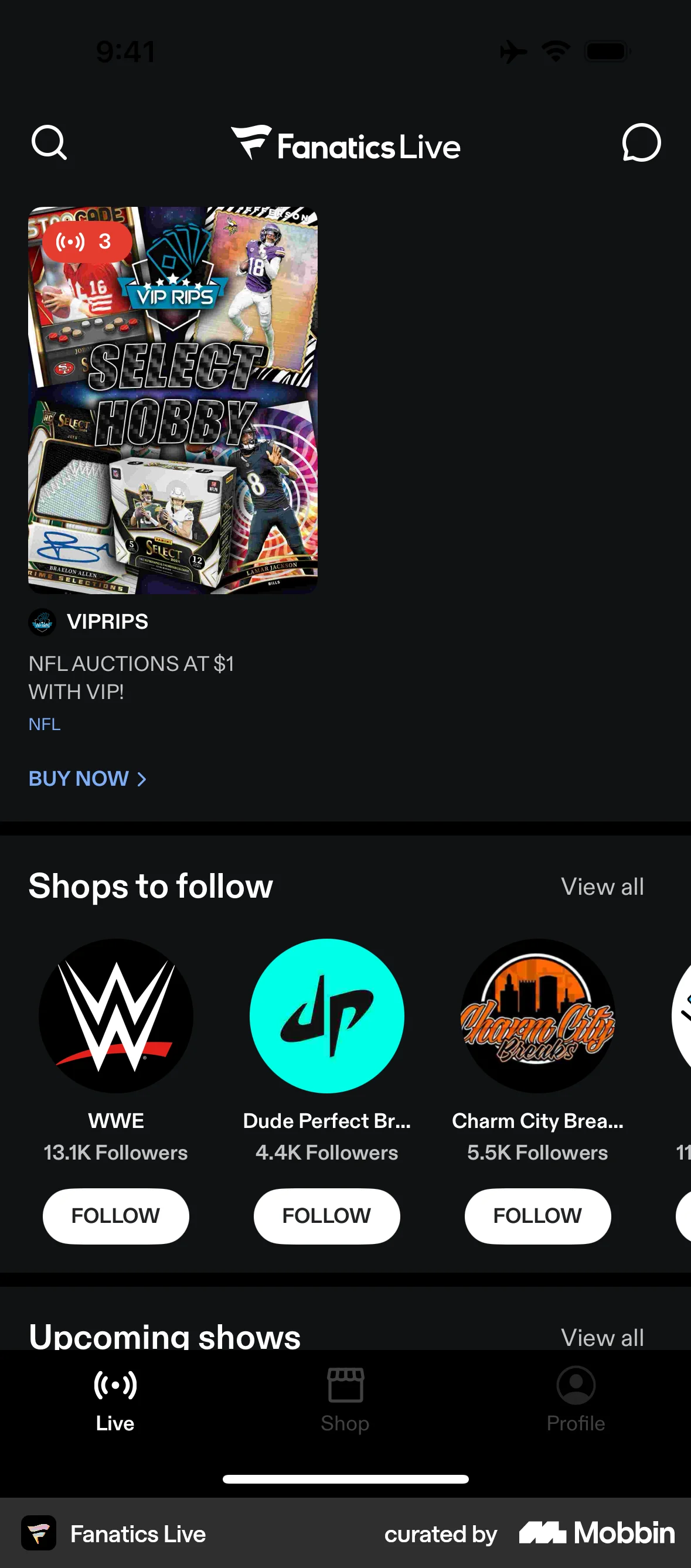 Fanatics Live iOS Suggestions & Similar Items screen