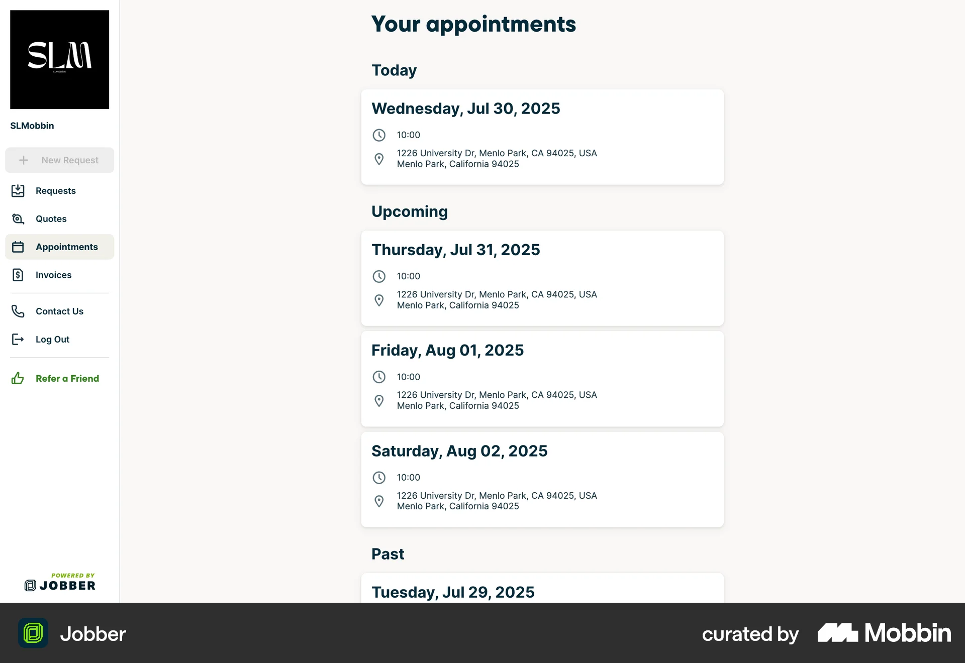 Jobber Web Timeline & History screen