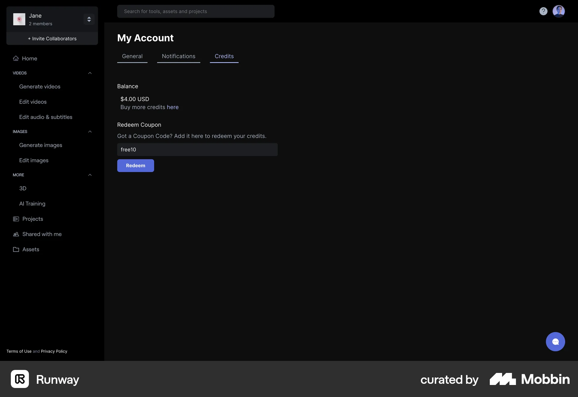 Runway Web Other Action screen