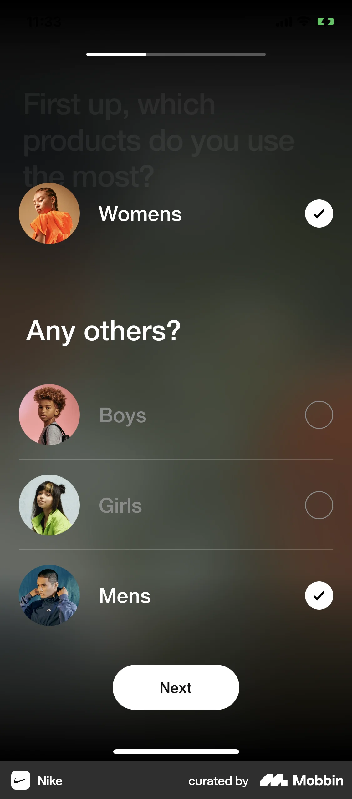 Nike iOS screen containing Checkbox UI element