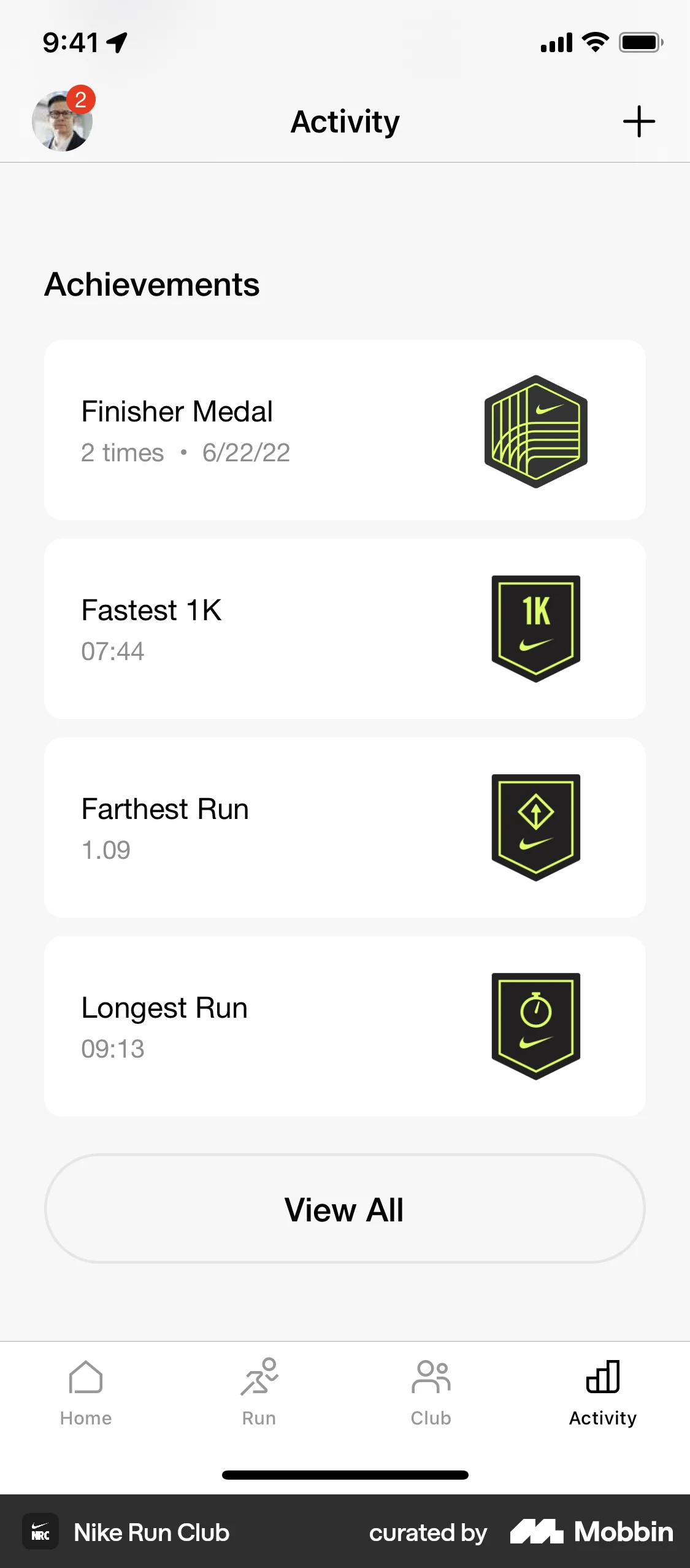 Nike Run Club iOS Achievements & Awards screen