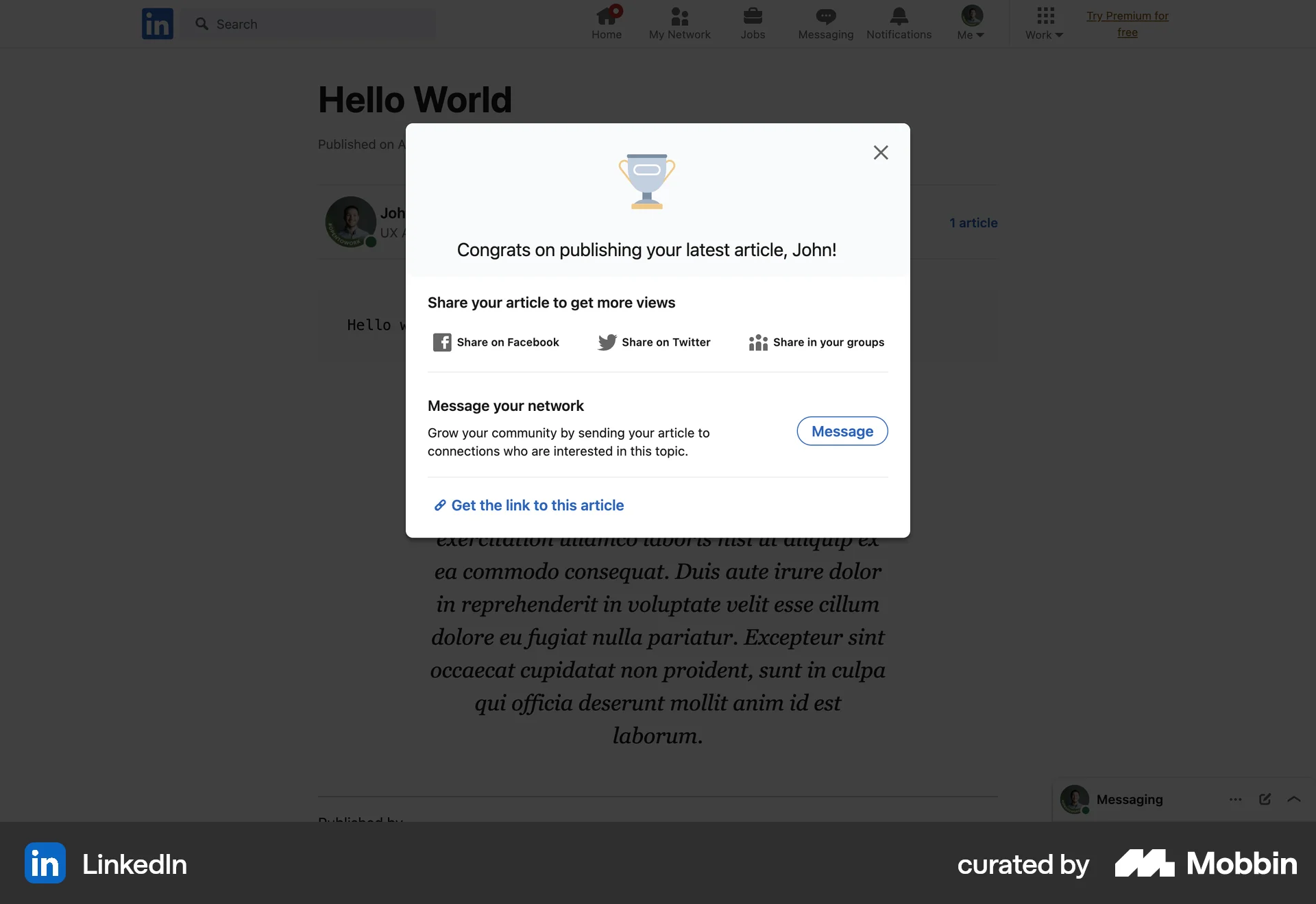 LinkedIn Web screen containing Button UI element