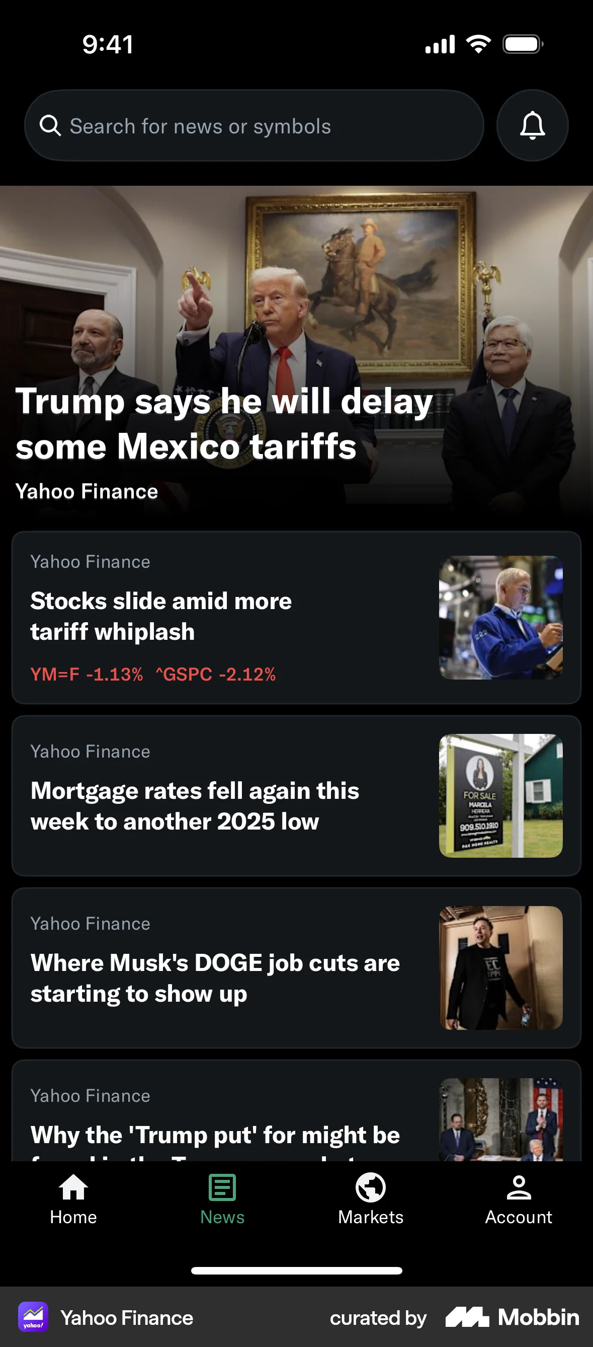 Yahoo Finance iOS Dark Mode screen