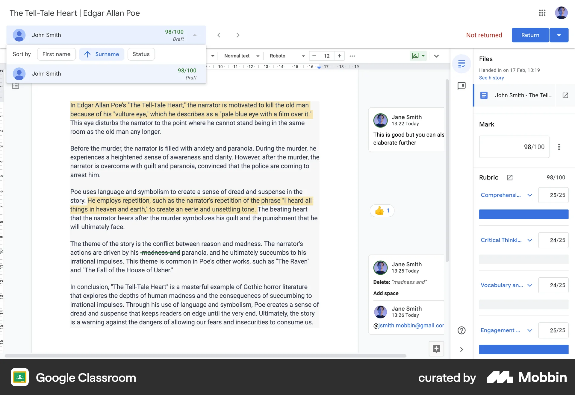 Google Classroom Web Filter & Sort screen