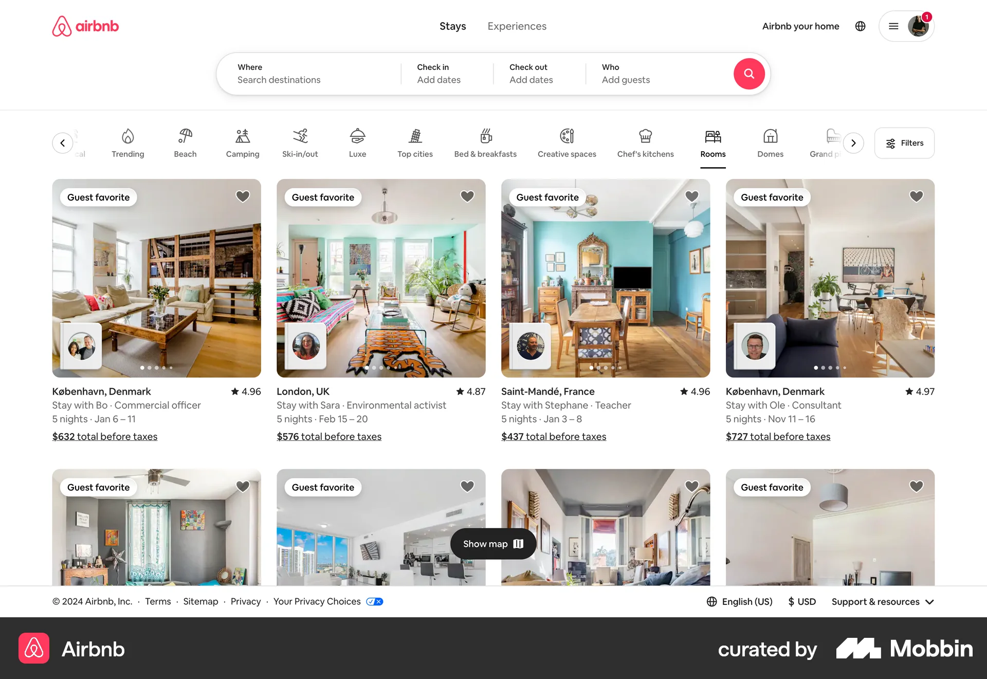 Airbnb Web screen containing Search Bar UI element