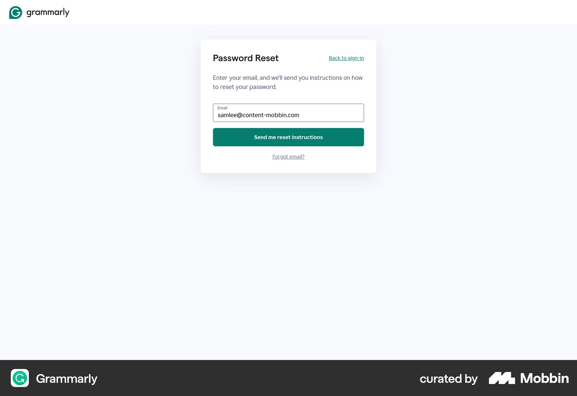 Grammarly Web Forgot Password screen