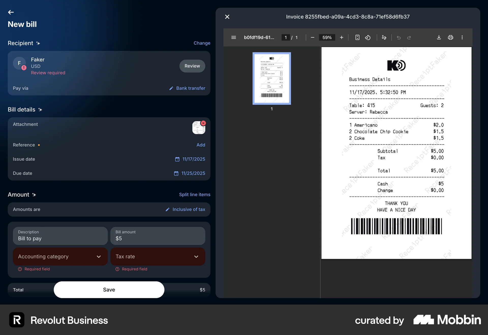 Revolut Business Adding a bill screen