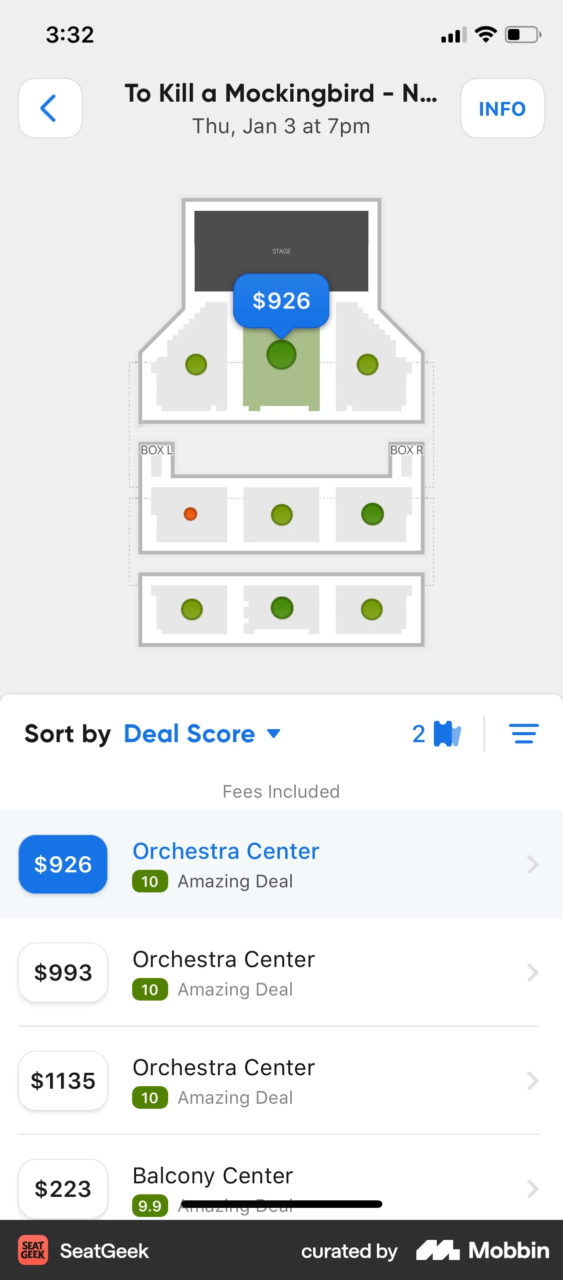 SeatGeek iOS screen containing Tooltip UI element