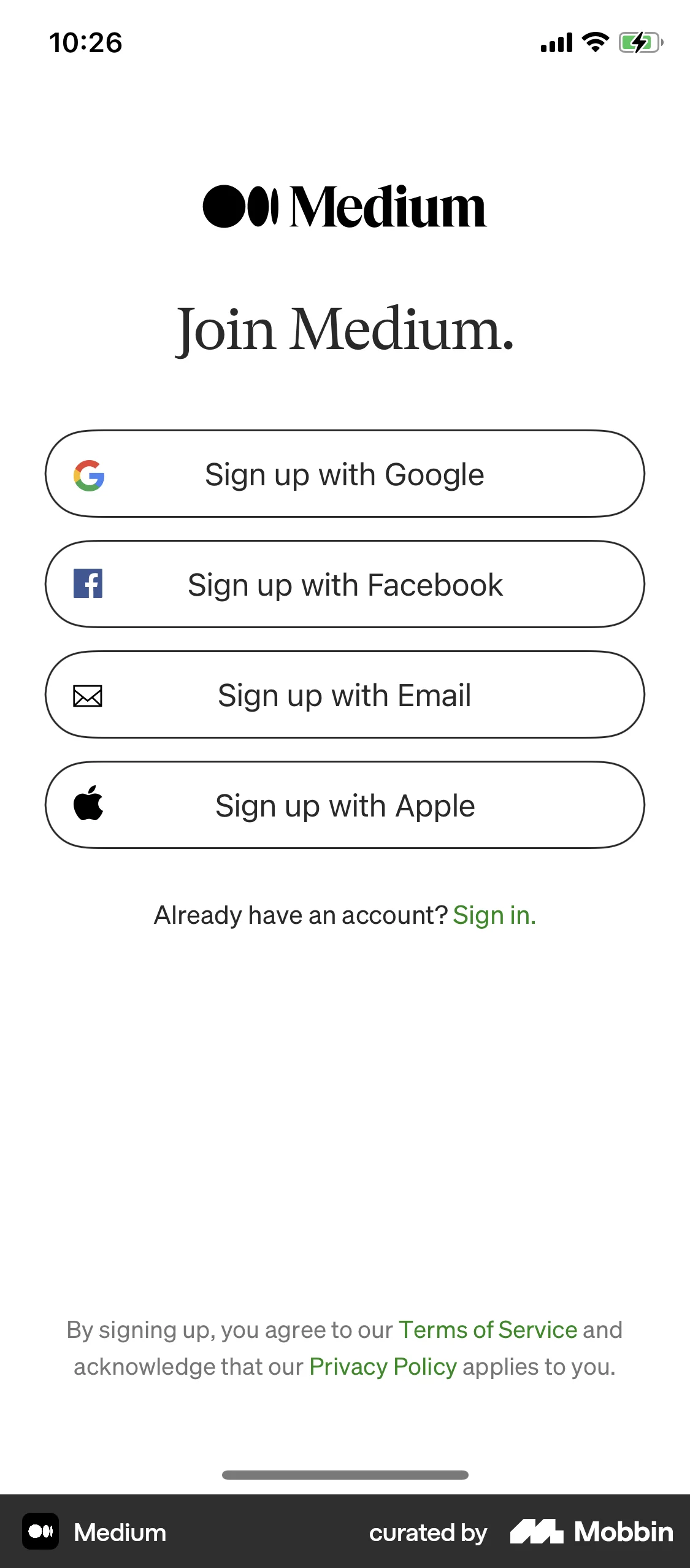 Medium iOS Welcome & Get Started screen