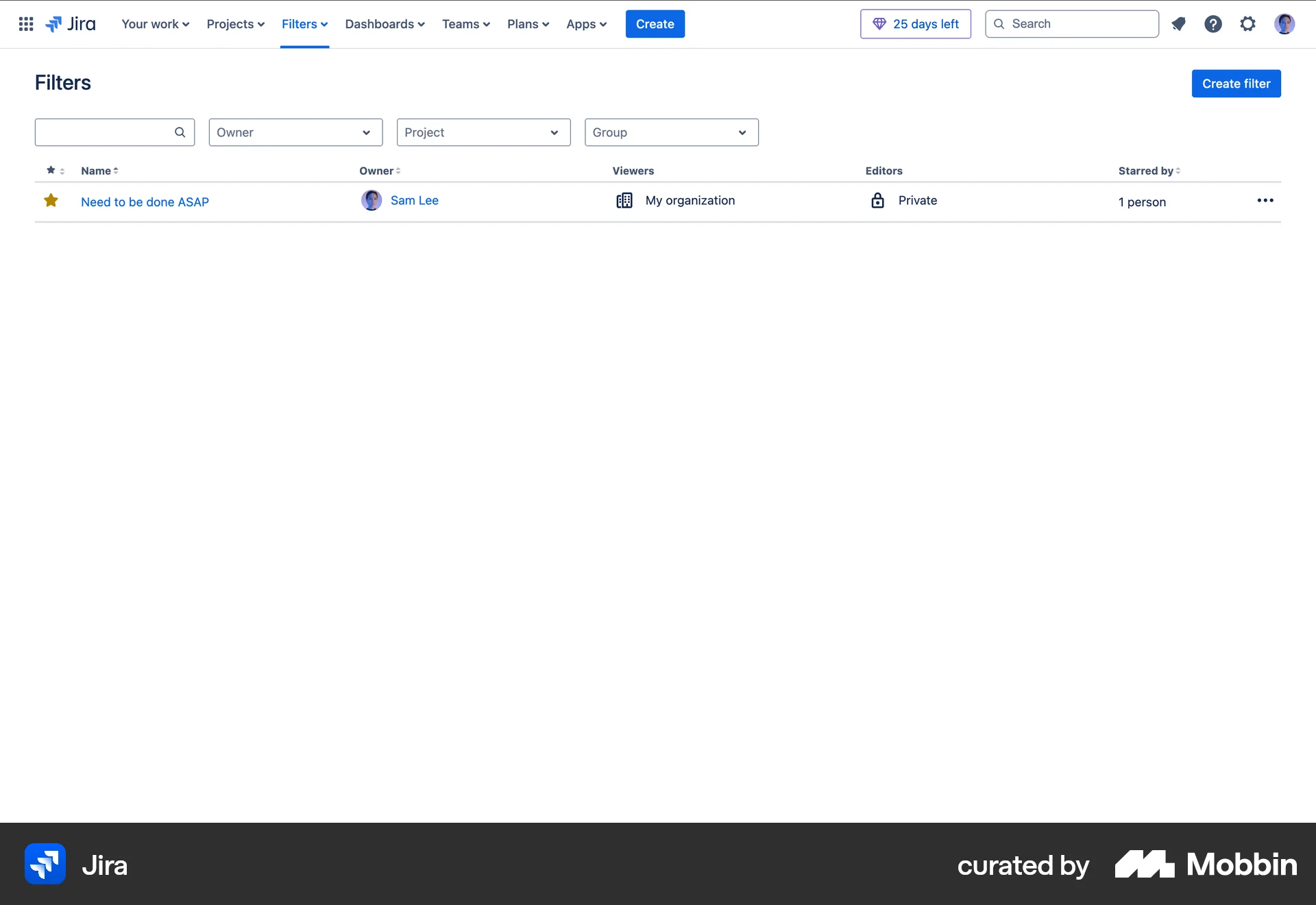 Jira Web screen containing Filter Panel UI UI element