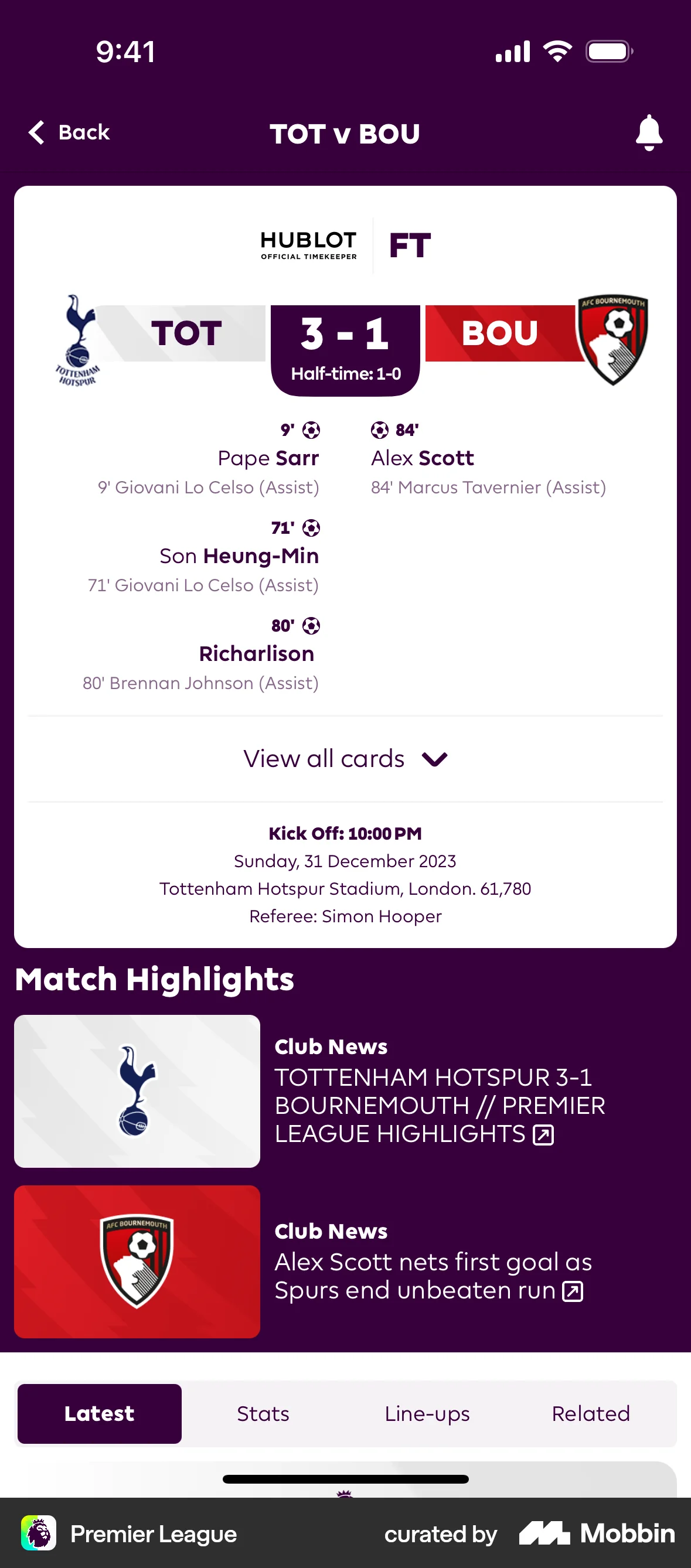Premier League iOS News Feed screen