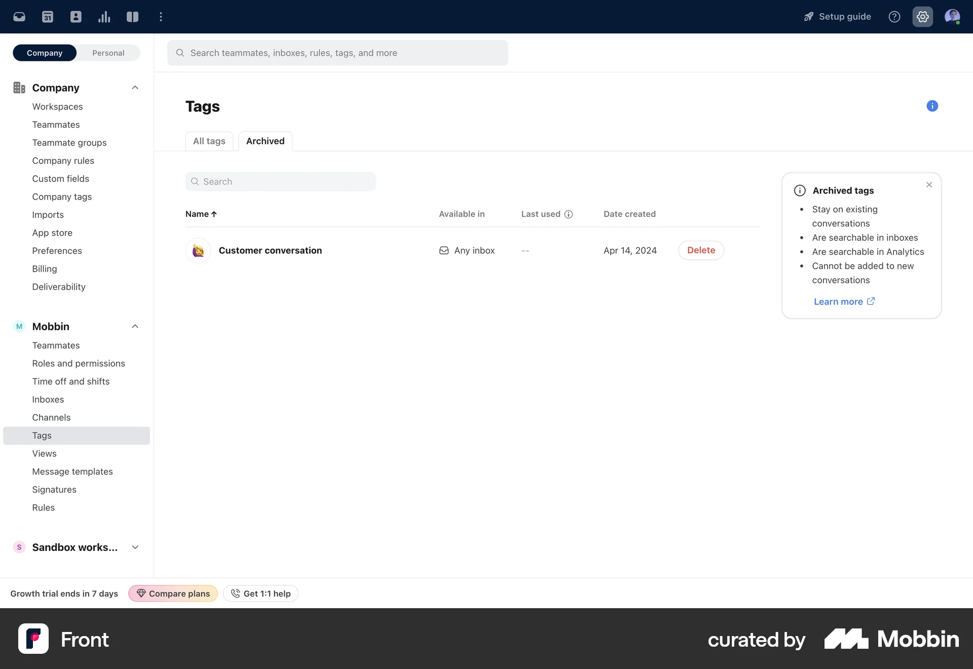Front Web Trash & Archive screen