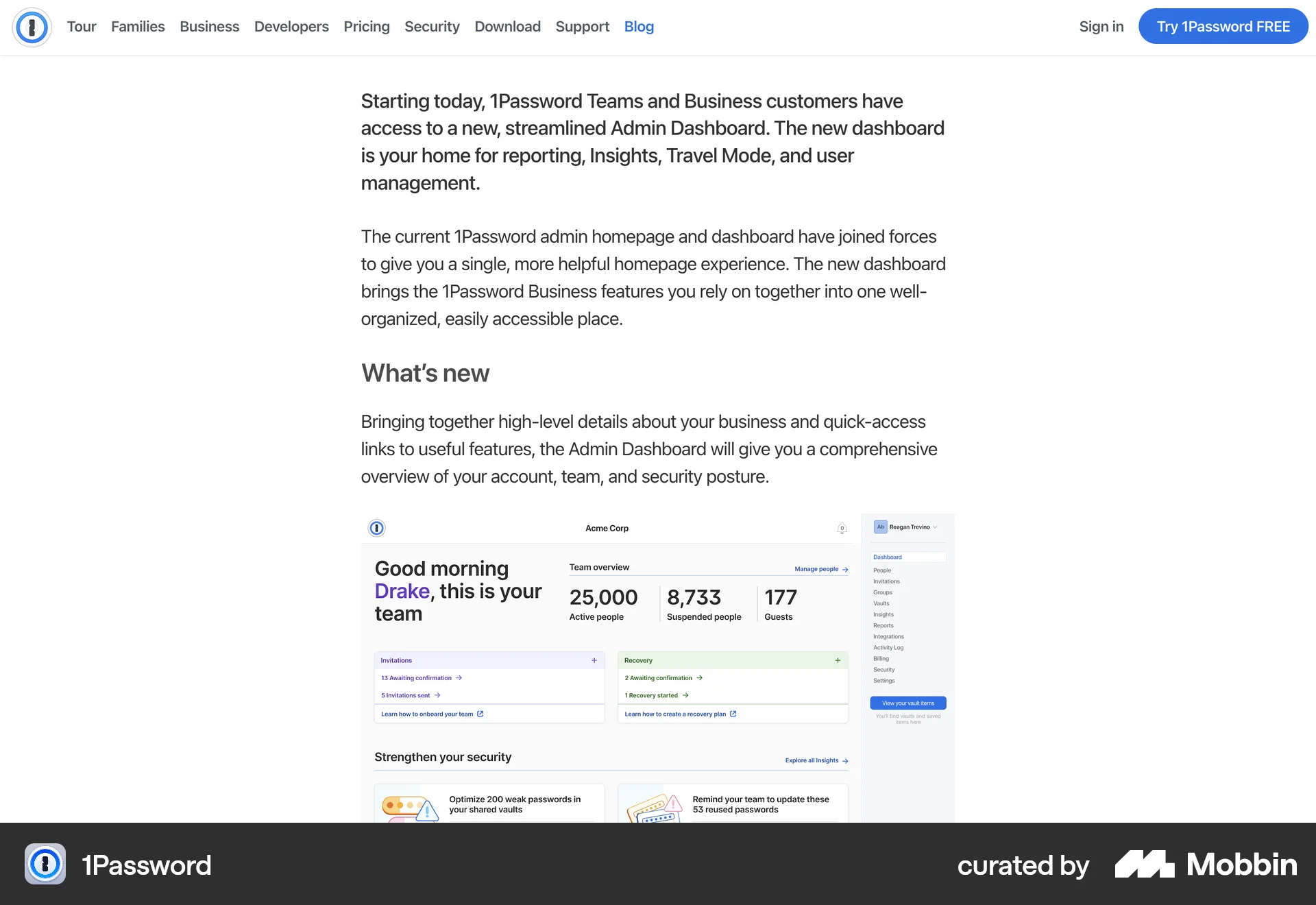 1Password Web Admin Dashboard screen