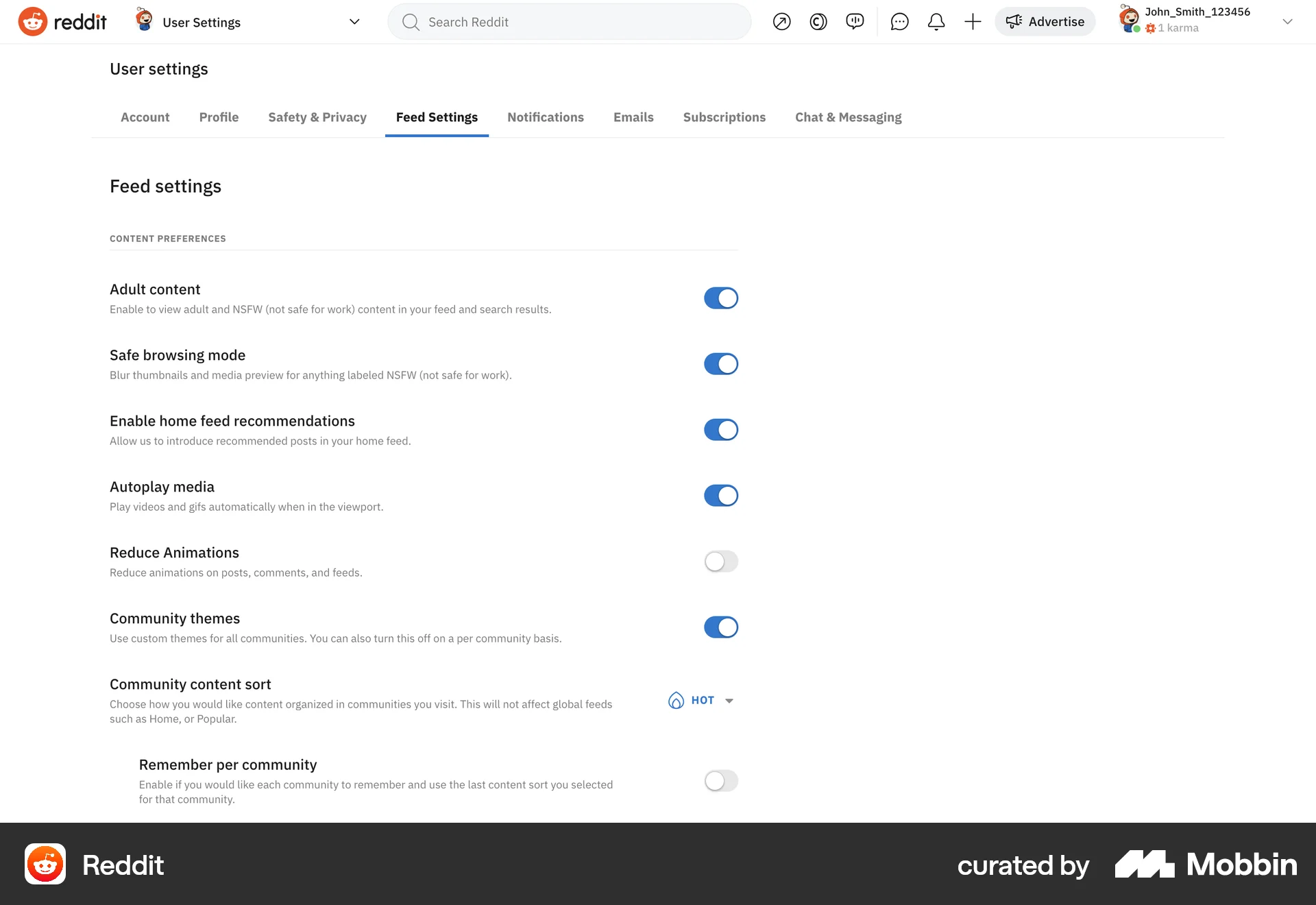 Reddit Web screen containing Switch UI element