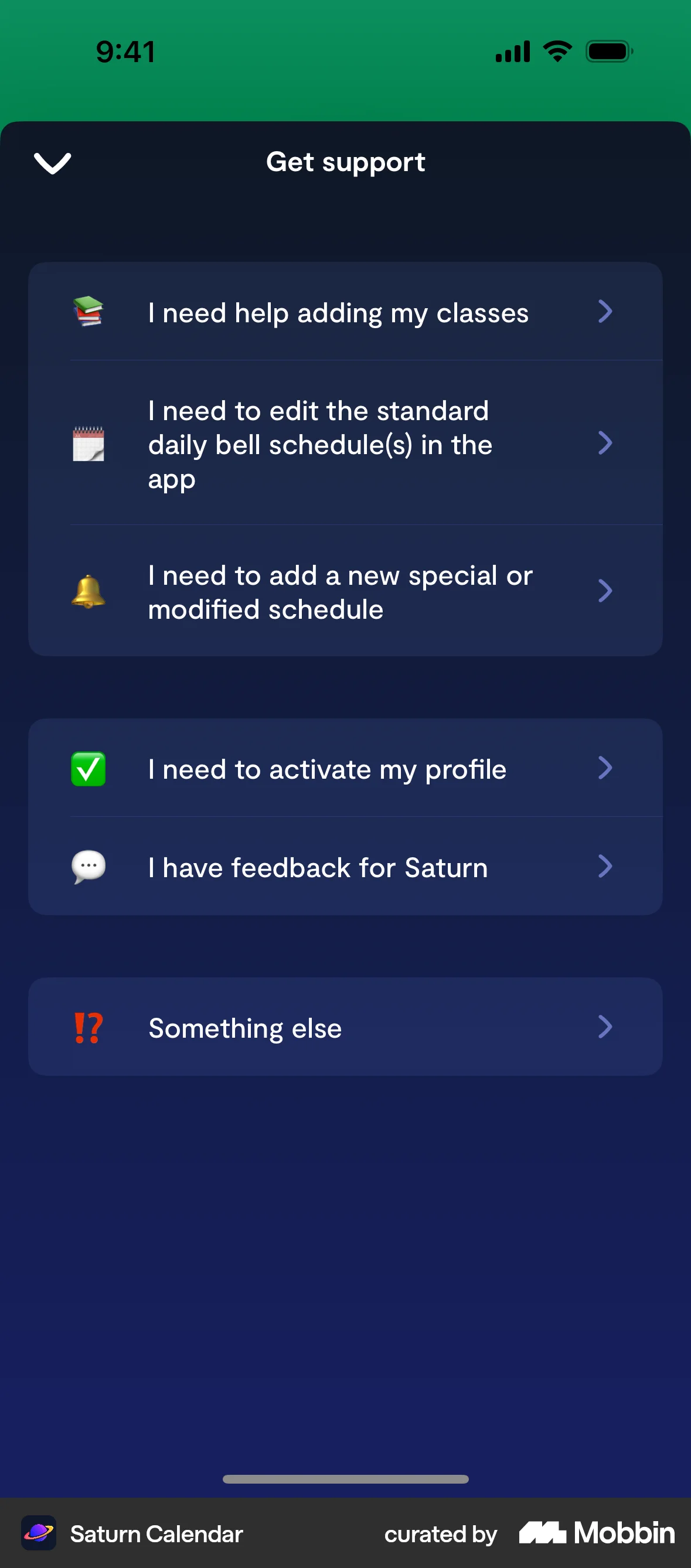 Saturn Calendar iOS Help & Support screen