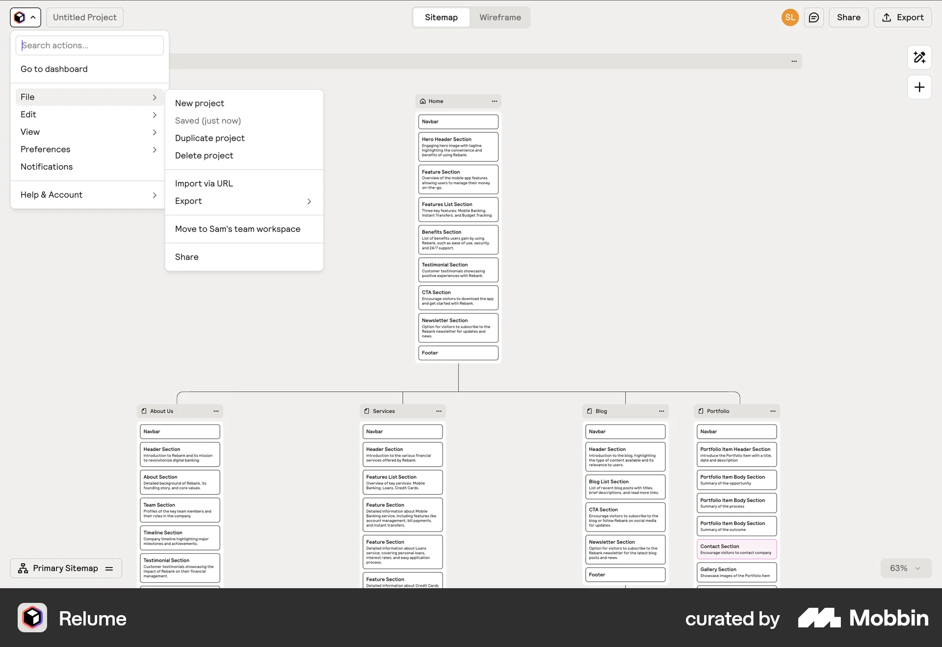Relume Web Action Option screen