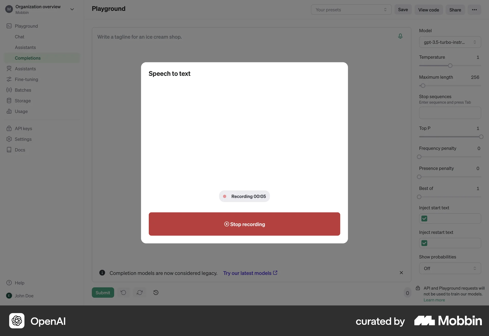 OpenAI Platform Web Timer & Clock screen