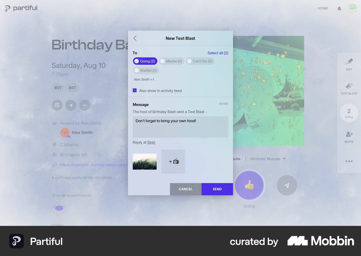 Partiful Ui Partiful Web Text Blast Image Uploaded | Mobbin