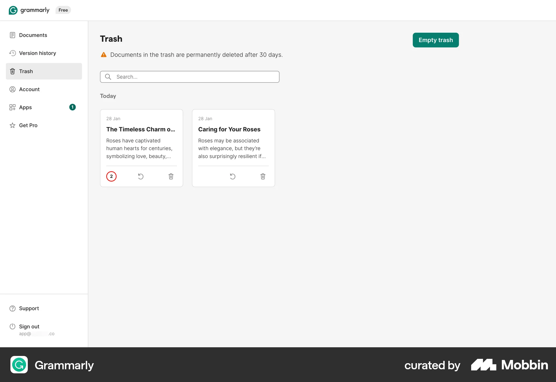 Grammarly Web Trash & Archive screen