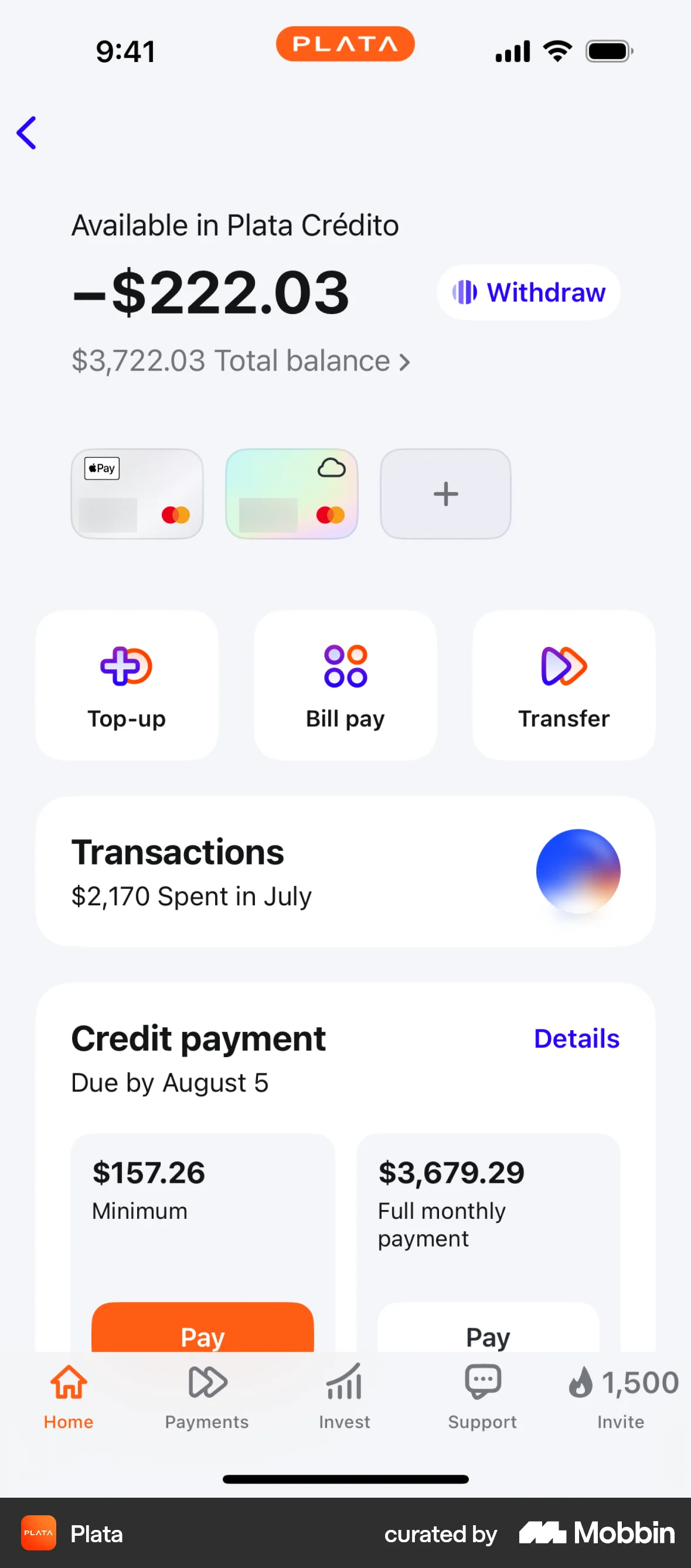 Plata Card iOS screen