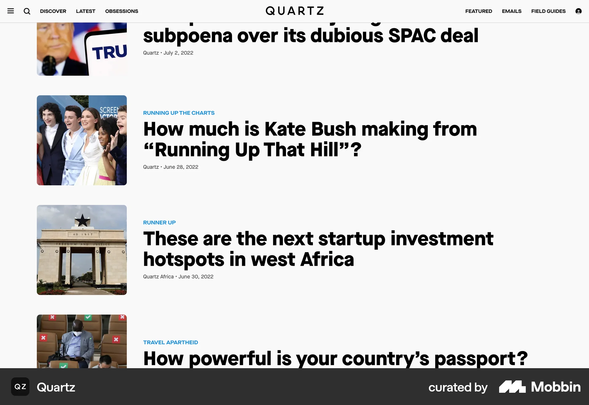 Quartz Web News Feed screen