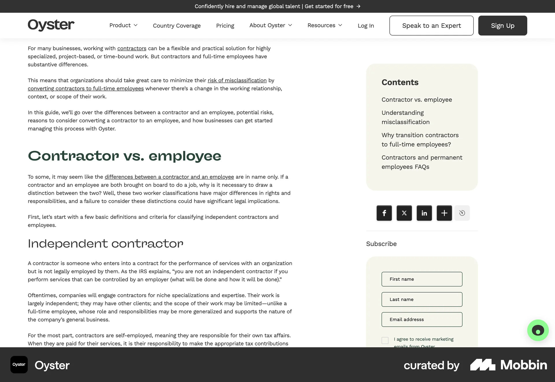 Oyster Web Article Detail screen