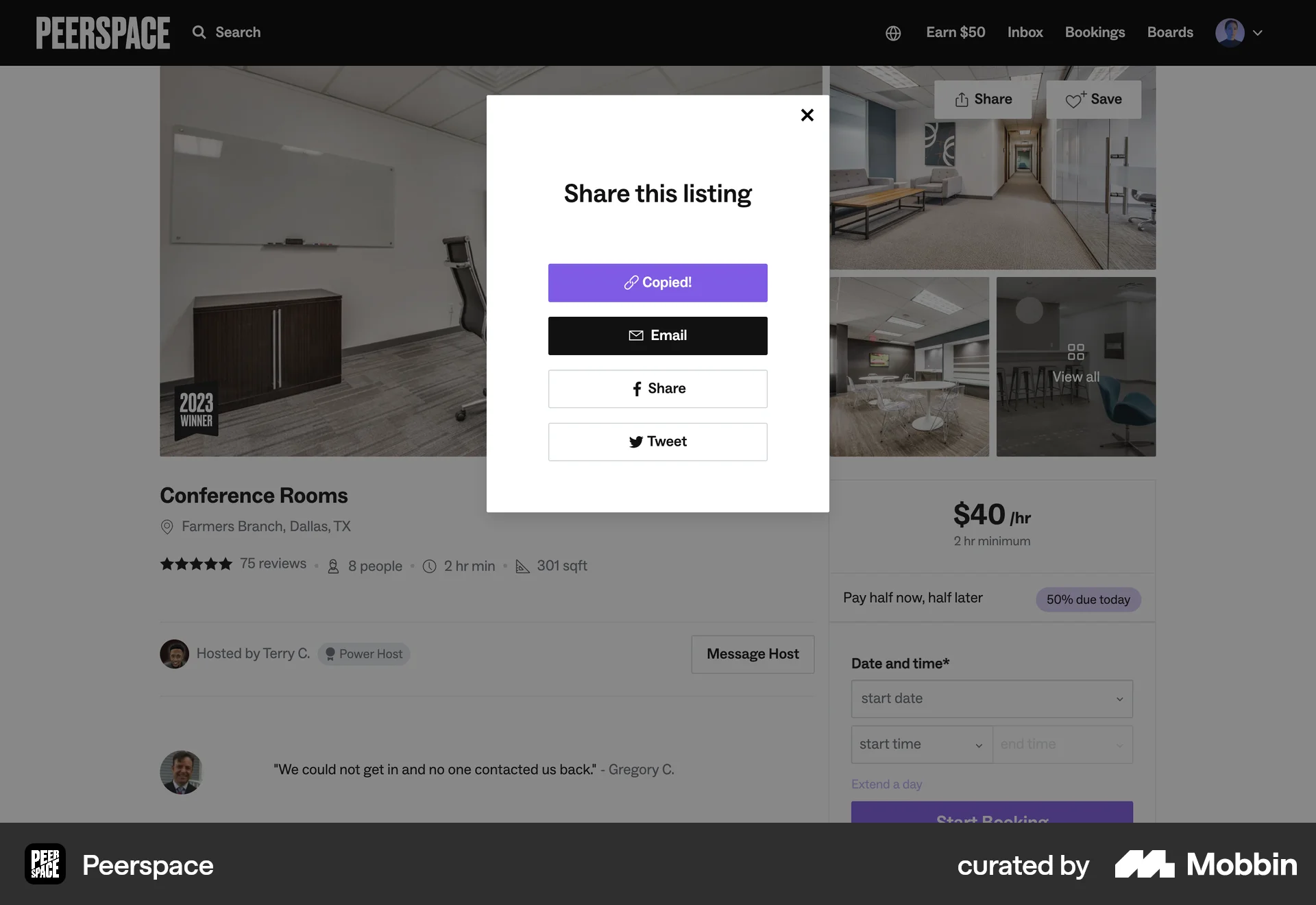 Peerspace Web Share screen