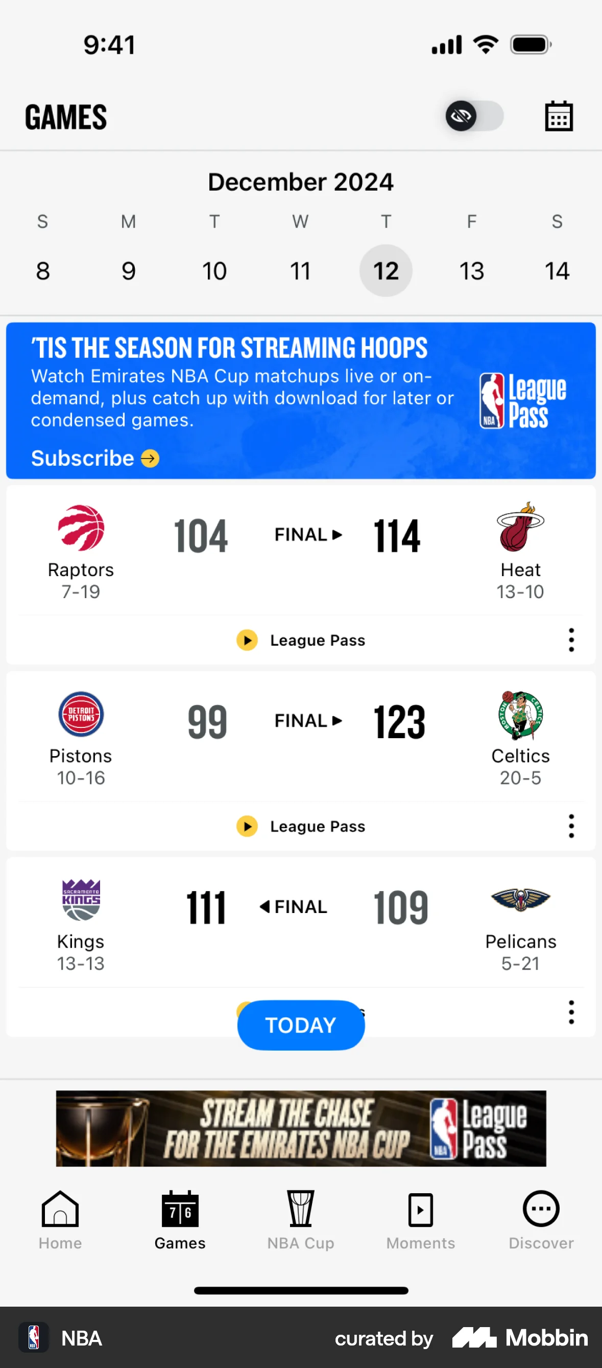 NBA iOS Calendar screen