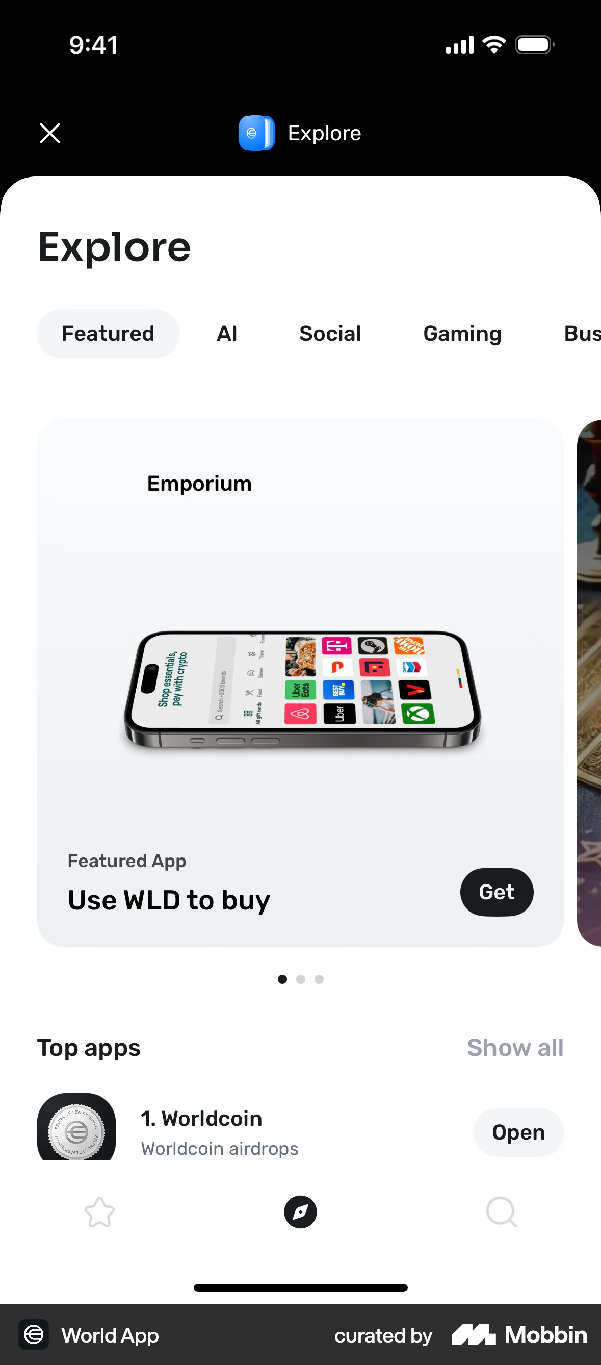 World App iOS screen containing Tab UI element
